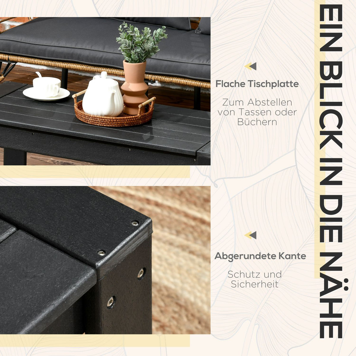 Side Table Garden Table, Coffee Table In Wood Look, Rectangular, For Balcony, Garden, Terrace, Hdpe, Black, 95X42X40Cm