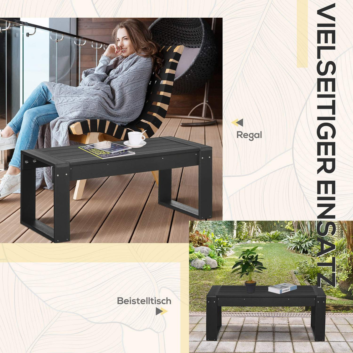 Side Table Garden Table, Coffee Table In Wood Look, Rectangular, For Balcony, Garden, Terrace, Hdpe, Black, 95X42X40Cm