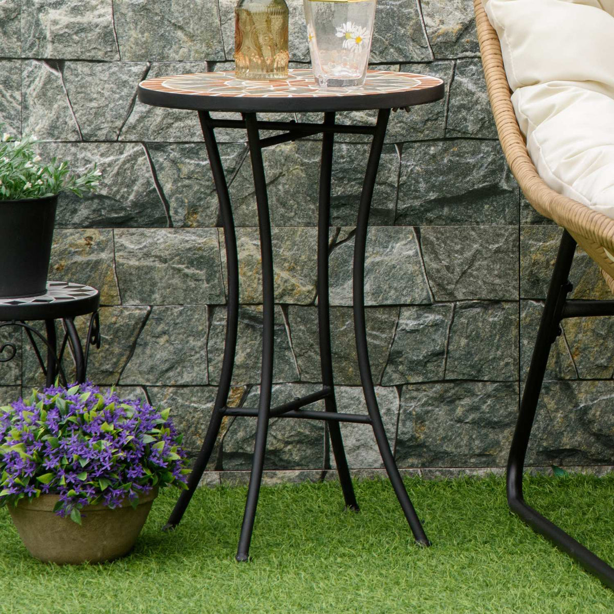 Side Table Garden Table Flower Stool Ø35.5 Cm Round Weatherproof For Garden Terraces Balcony Yellow + Gray