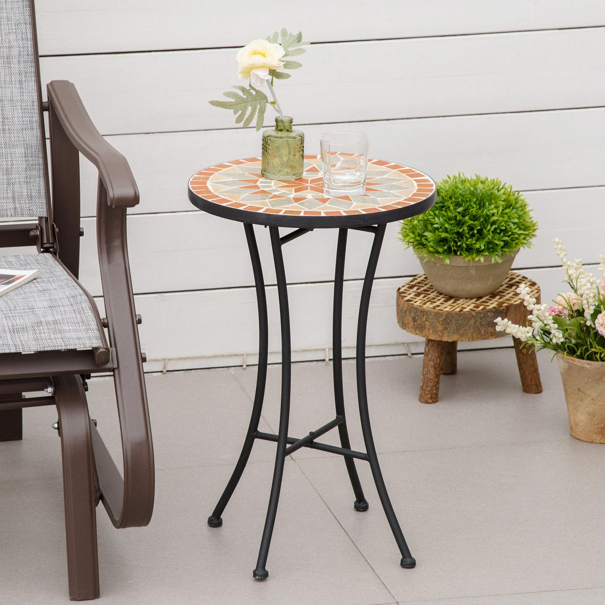 Side Table Garden Table Flower Stool Ø35.5 Cm Round Weatherproof For Garden Terraces Balcony Yellow + Gray