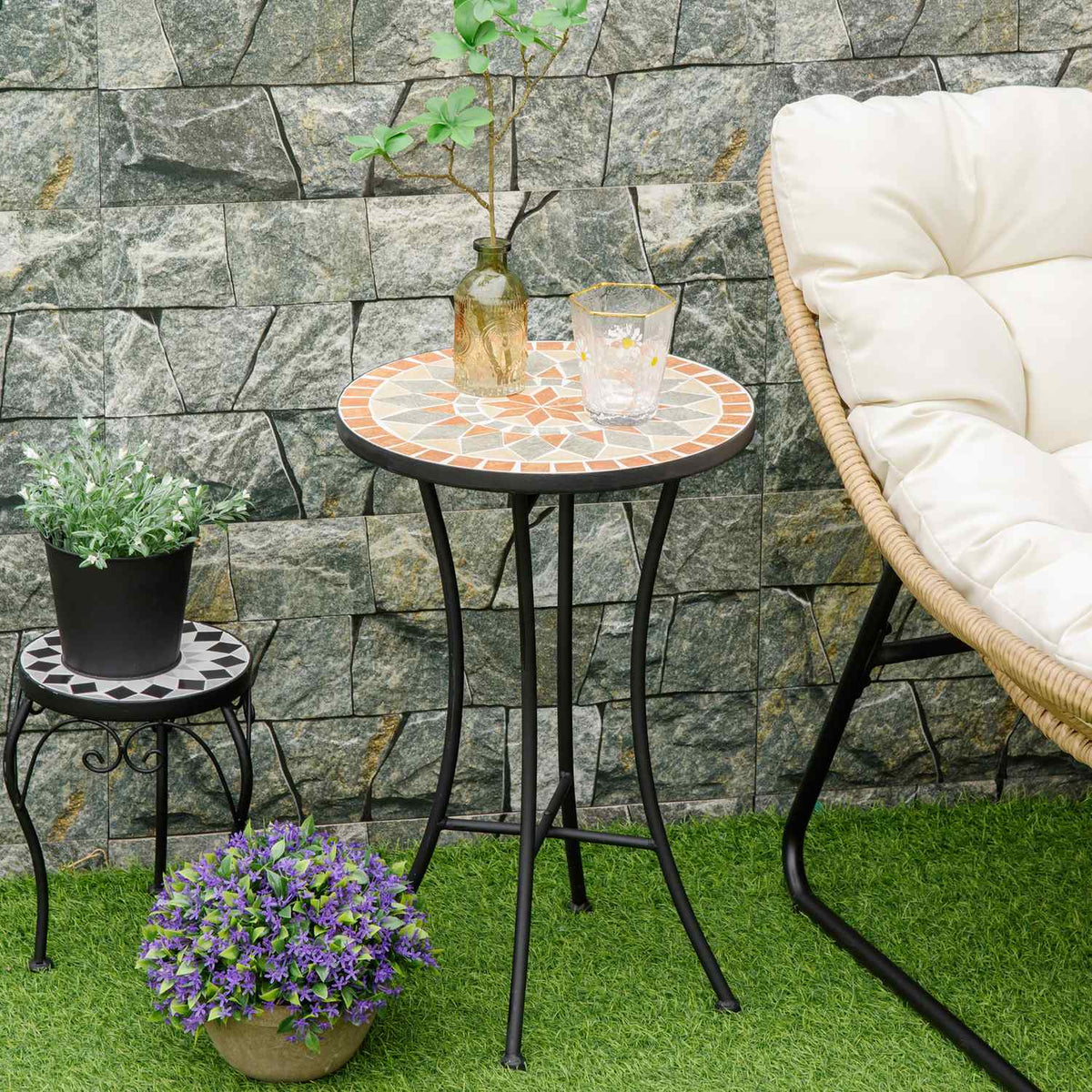 Side Table Garden Table Flower Stool Ø35.5 Cm Round Weatherproof For Garden Terraces Balcony Yellow + Gray