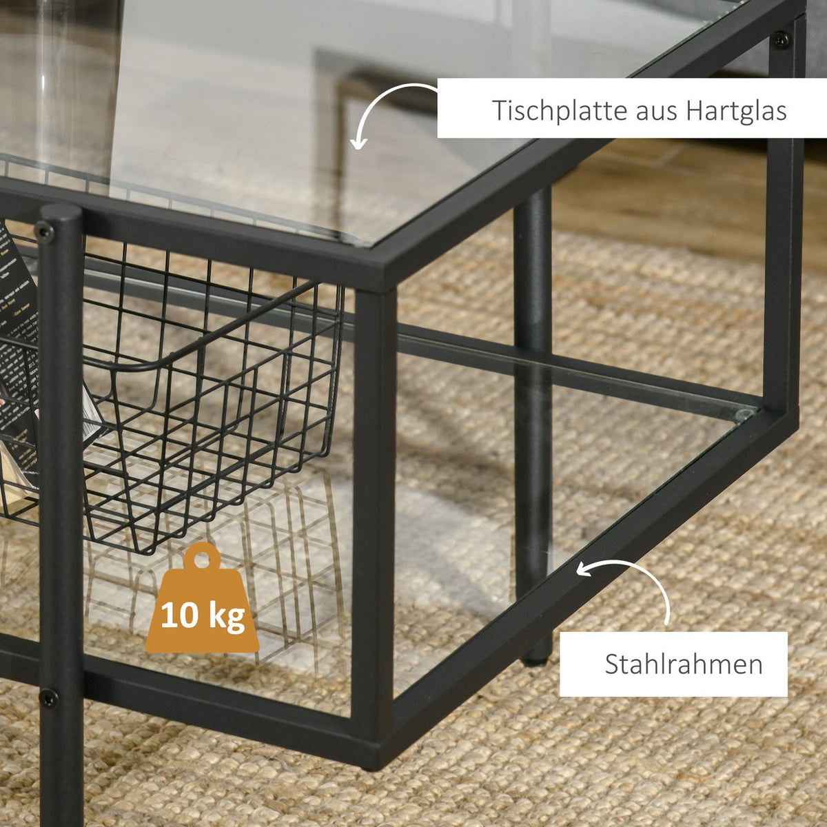 Side Table Glass Coffee Table 3 Shelves Steel Frame Black 100X55X45.5Cm
