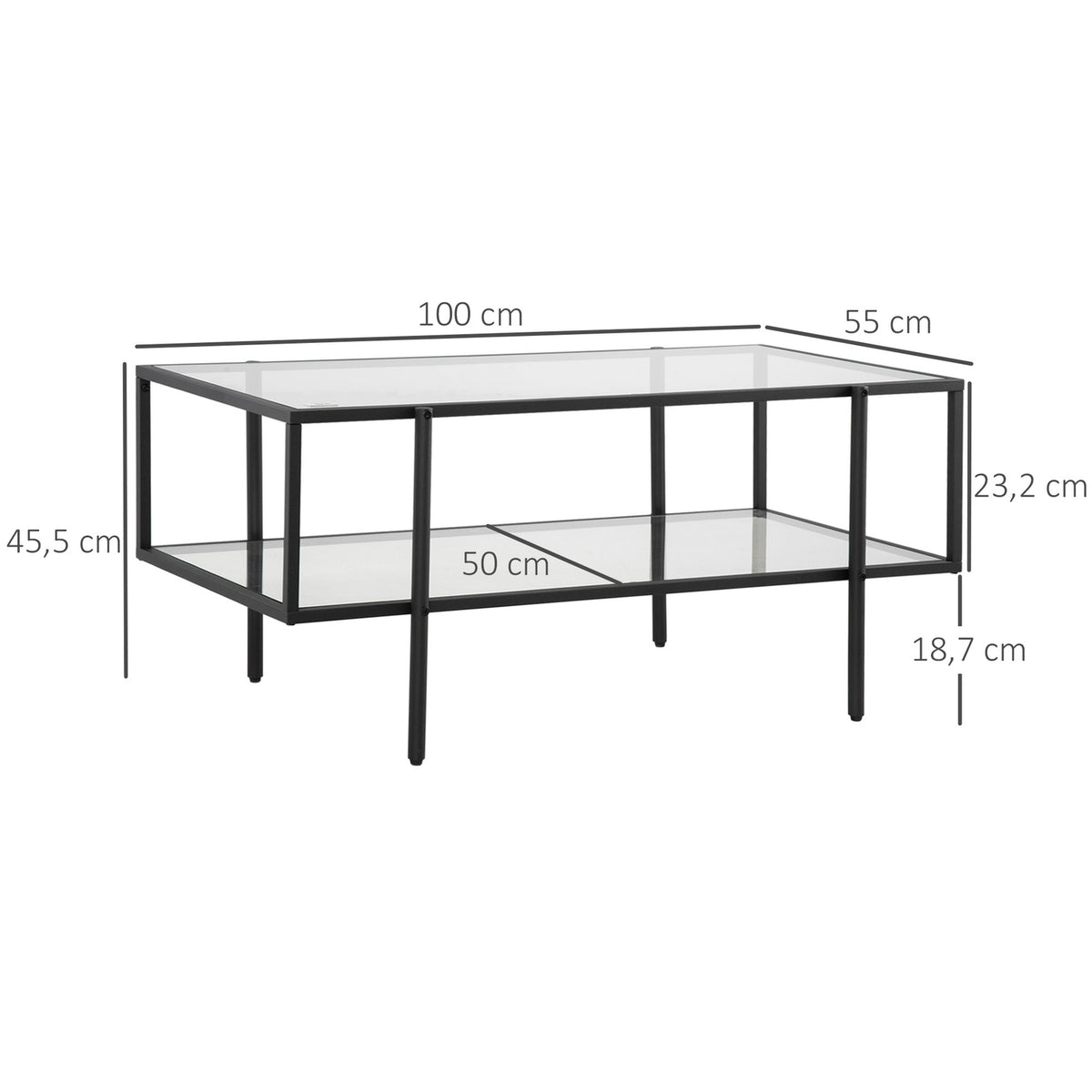 Side Table Glass Coffee Table 3 Shelves Steel Frame Black 100X55X45.5Cm
