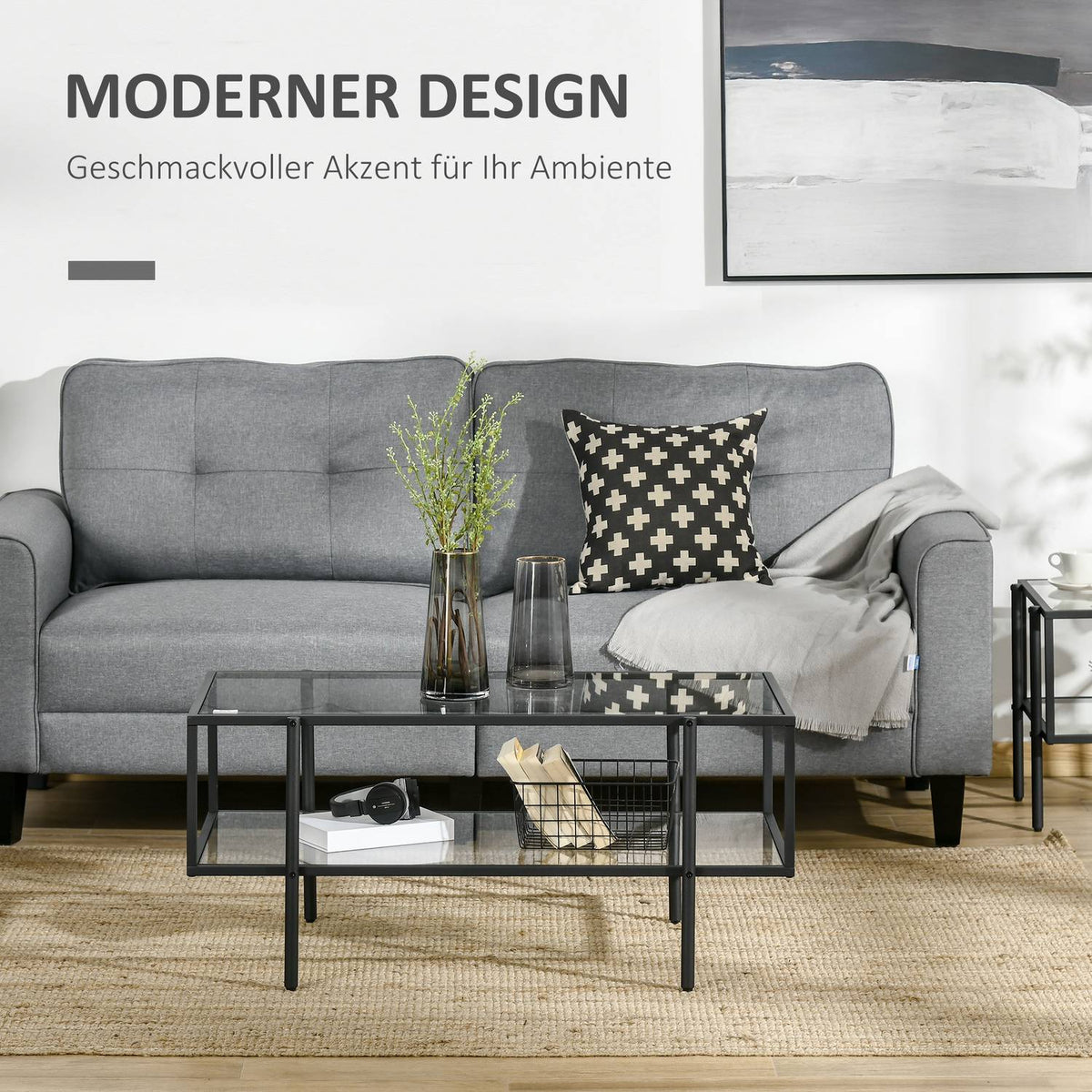 Side Table Glass Coffee Table 3 Shelves Steel Frame Black 100X55X45.5Cm
