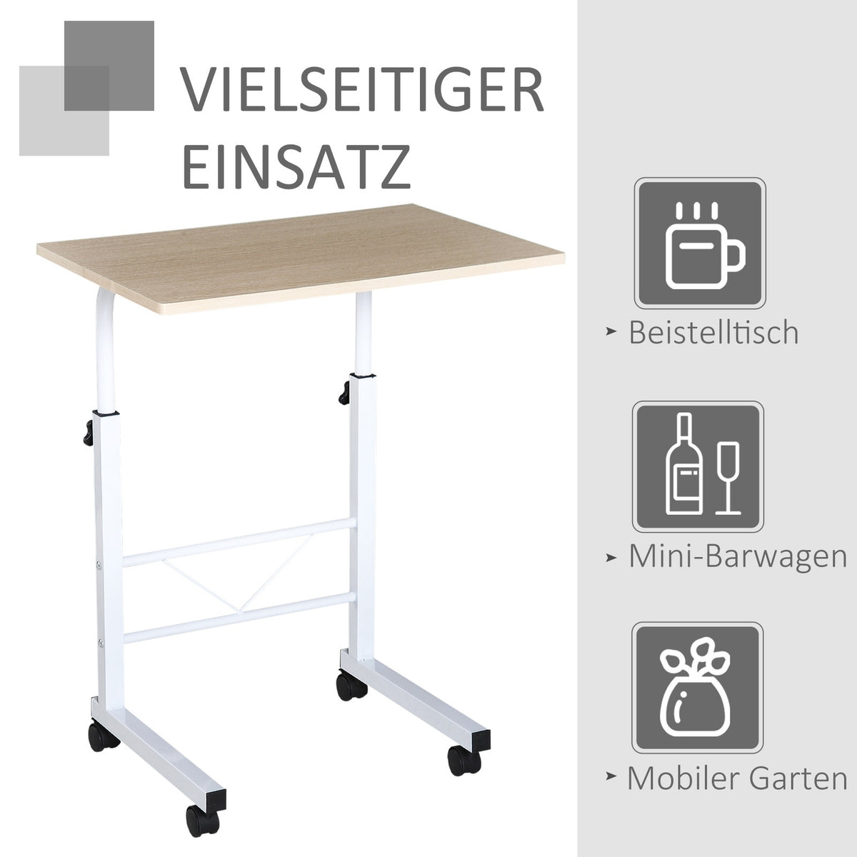 Side Table Height Adjustable Coffee Table Mobile End Desk Wheels Brakes C-Table Chipboard Steel Multicolored