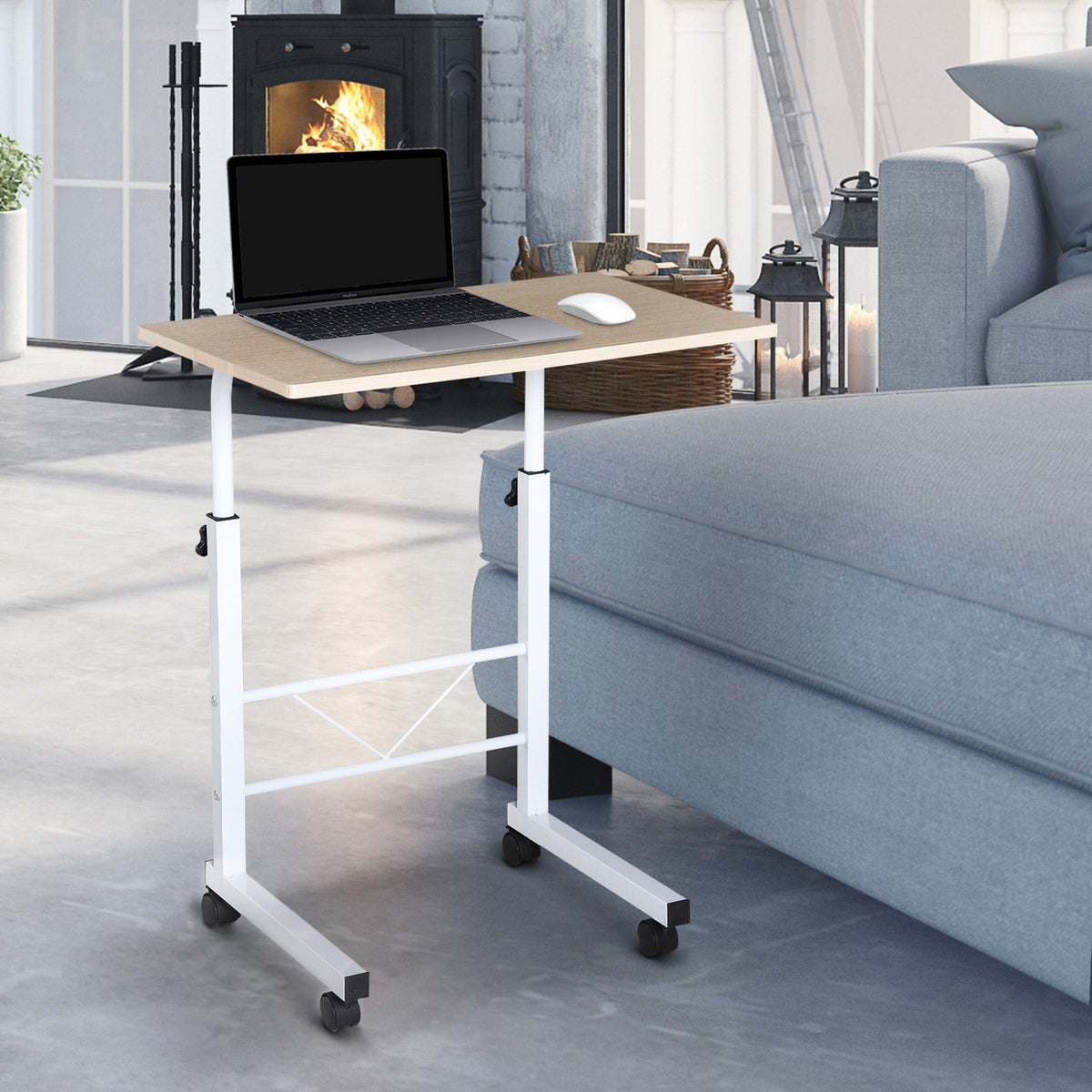 Side Table Height Adjustable Coffee Table Mobile End Desk Wheels Brakes C-Table Chipboard Steel Multicolored