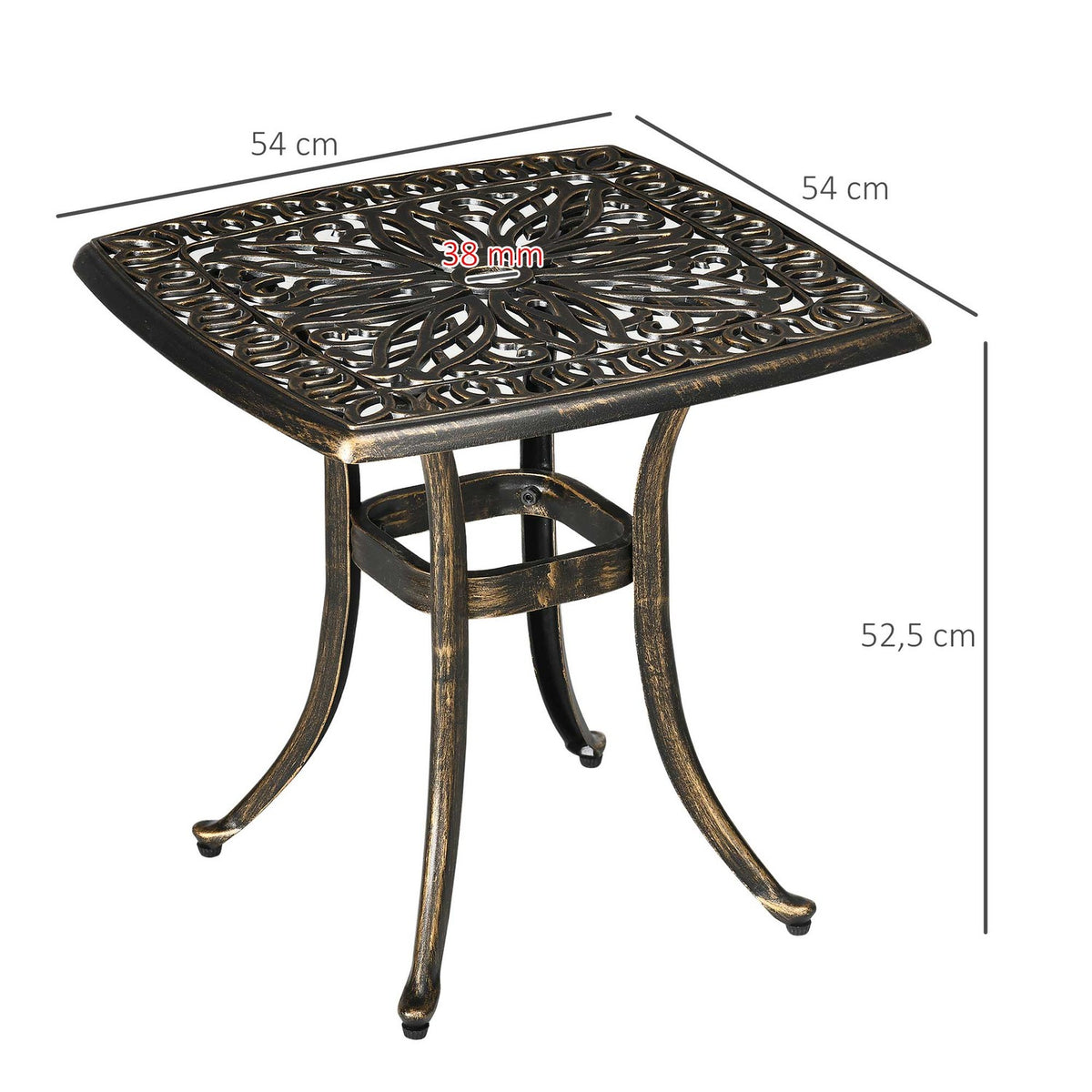 Side Table, Patio Table, Umbrella Hole, Aluminum Frame, Bronze, 54 X 54 X 52.5 Cm