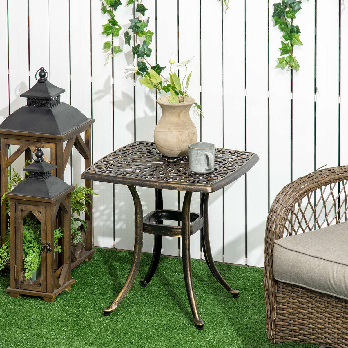 Side Table, Patio Table, Umbrella Hole, Aluminum Frame, Bronze, 54 X 54 X 52.5 Cm