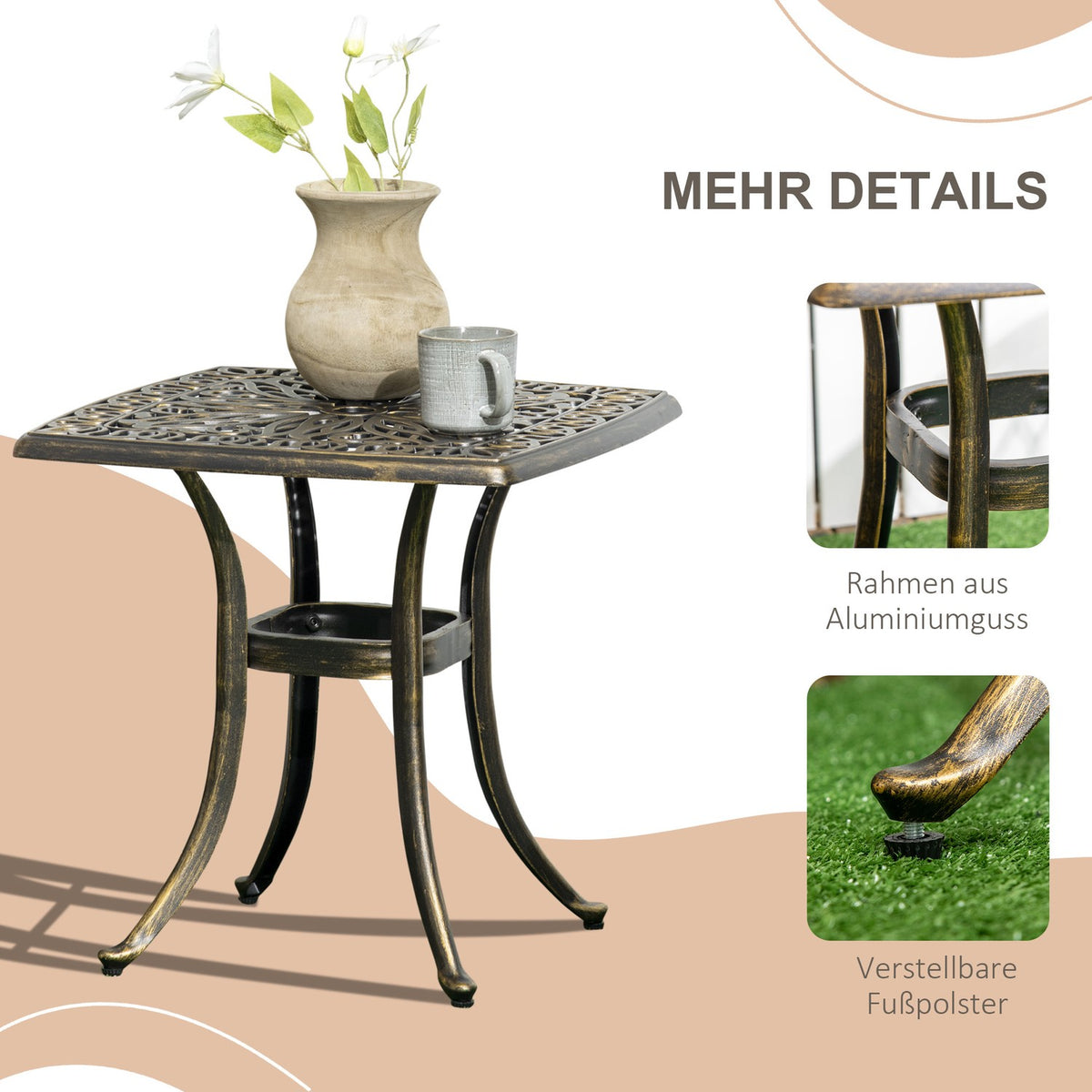 Side Table, Patio Table, Umbrella Hole, Aluminum Frame, Bronze, 54 X 54 X 52.5 Cm