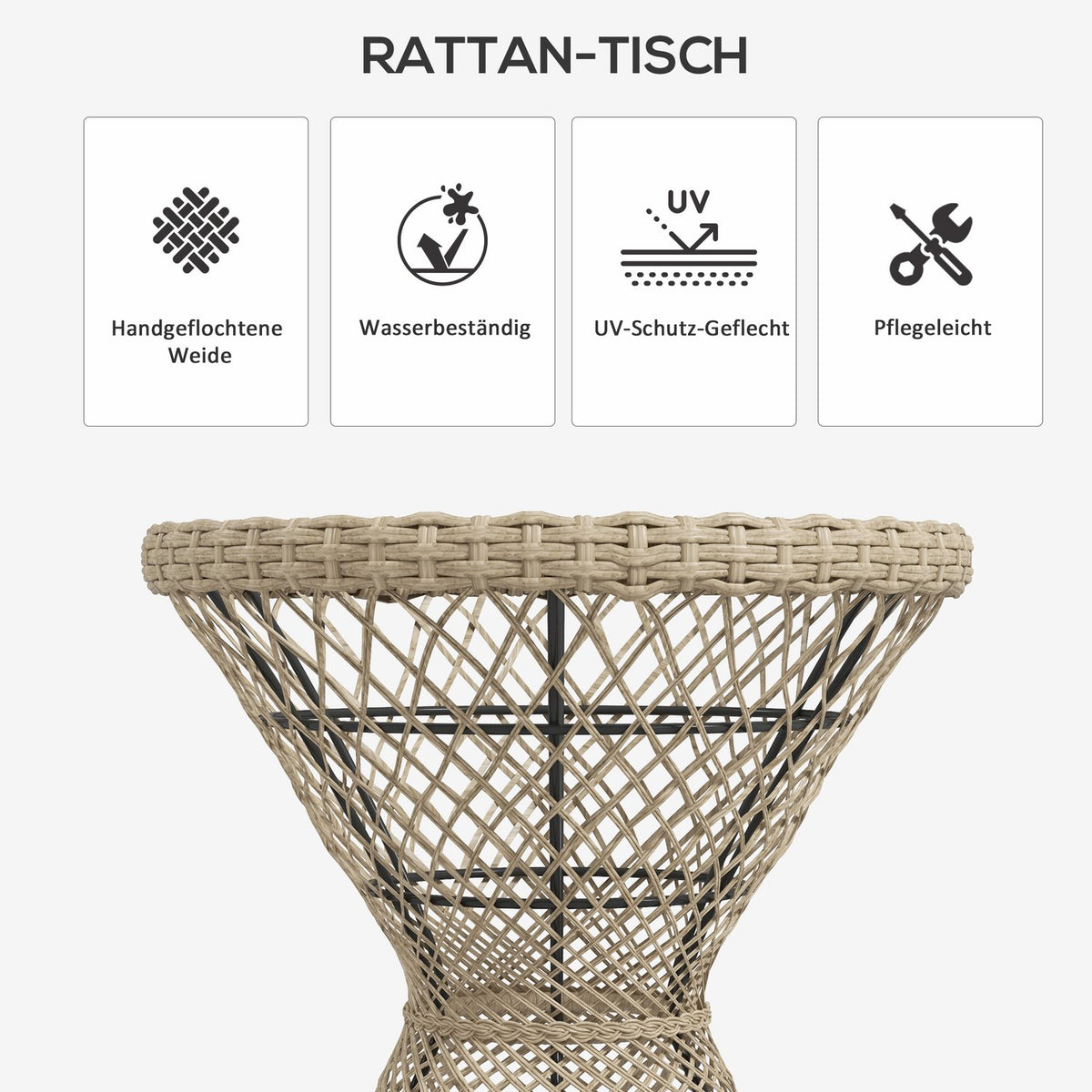 Side Table Rattan Garden Table, 45 X 45 Cm Coffee Table With Uv Protection, Balcony Table With Table Top Made Of Safety Glass, In Boho Design, Brown