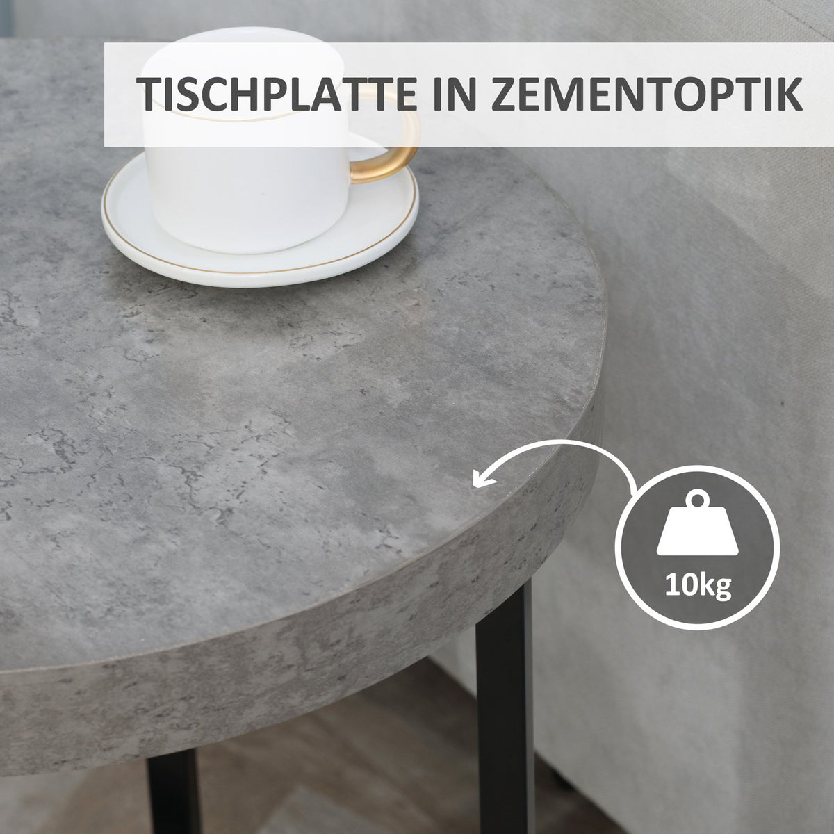 Side Table Round Coffee Table With Open Shelf, Concrete Look, Bedside Table, Mdf Metal, Gray, 48X48X56.5Cm