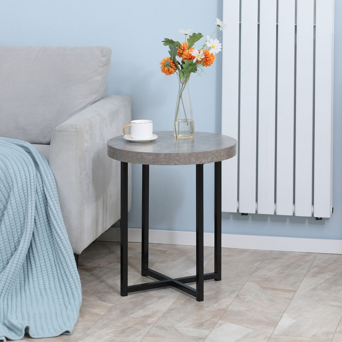 Side Table Round Coffee Table With Open Shelf, Concrete Look, Bedside Table, Mdf Metal, Gray, 48X48X56.5Cm