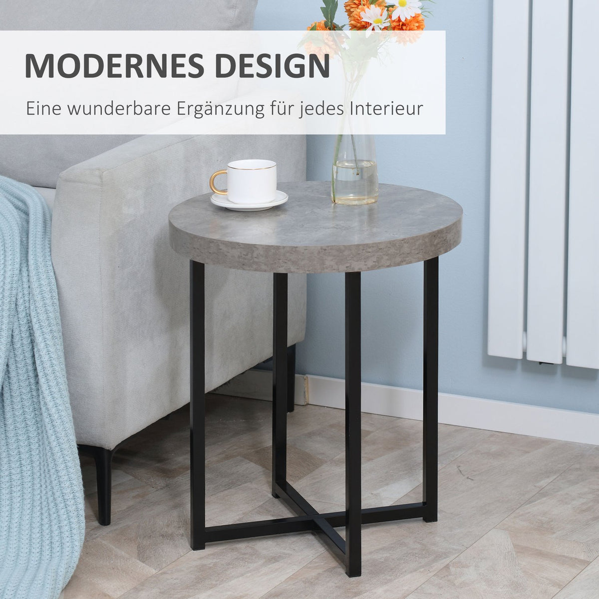Side Table Round Coffee Table With Open Shelf, Concrete Look, Bedside Table, Mdf Metal, Gray, 48X48X56.5Cm