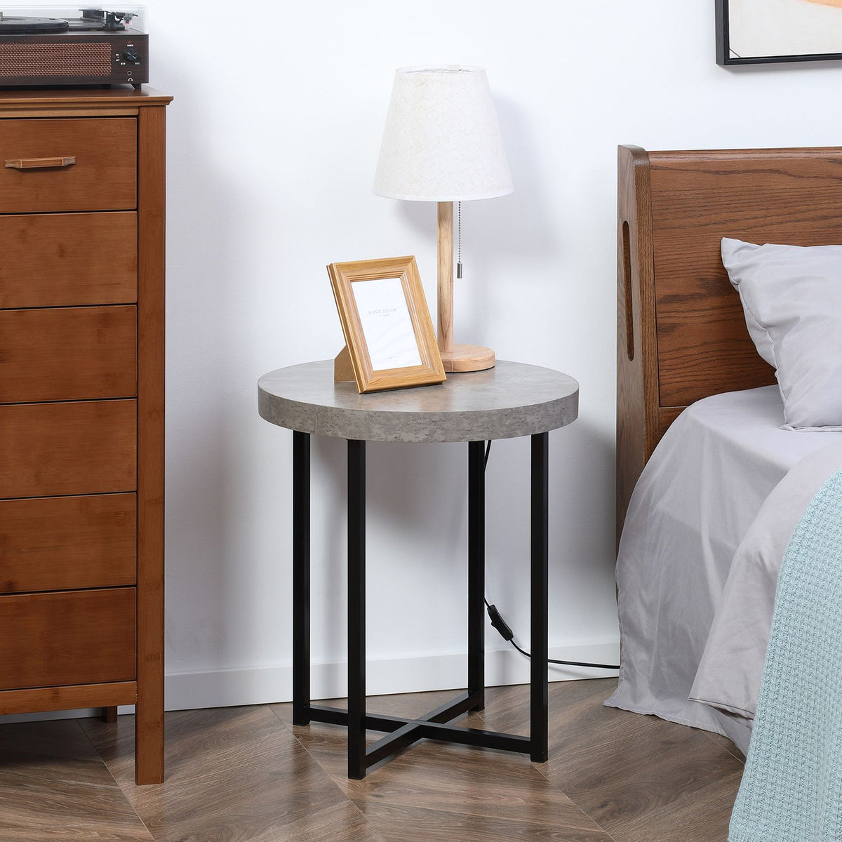 Side Table Round Coffee Table With Open Shelf, Concrete Look, Bedside Table, Mdf Metal, Gray, 48X48X56.5Cm