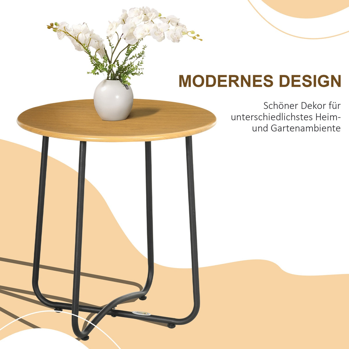 Side Table Round Wood Look Garden Table Steel Table Top Coffee Table Black + Natural 48X48X51Cm