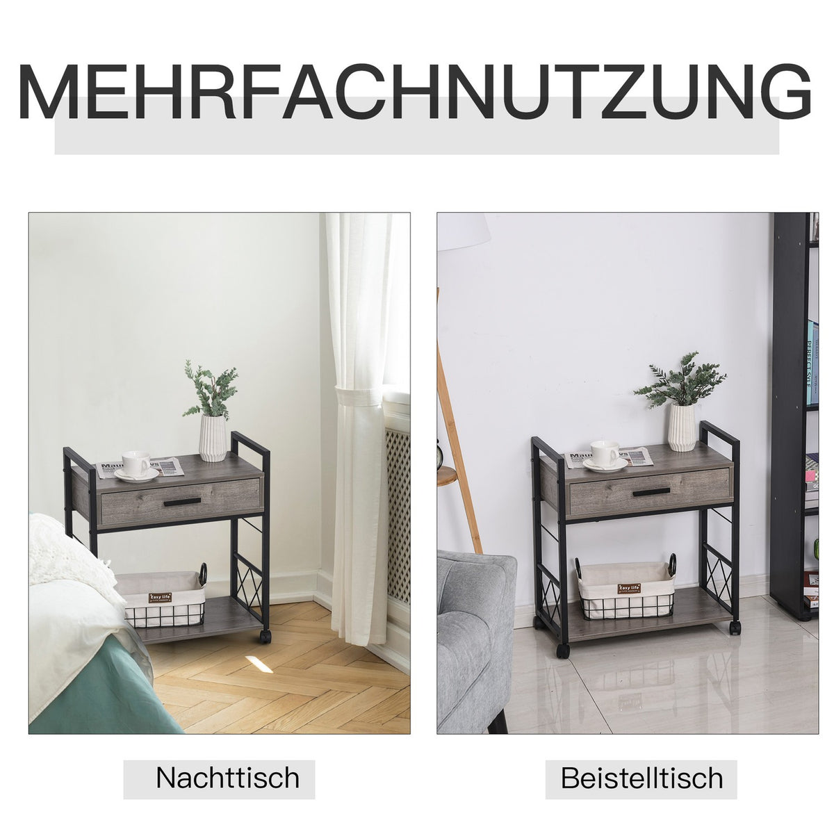 Side Table Serving Trolley With Wheels, Kitchen Trolley, Coffee Table, Drawer, Shelf, Gray, 60X30X65Cm
