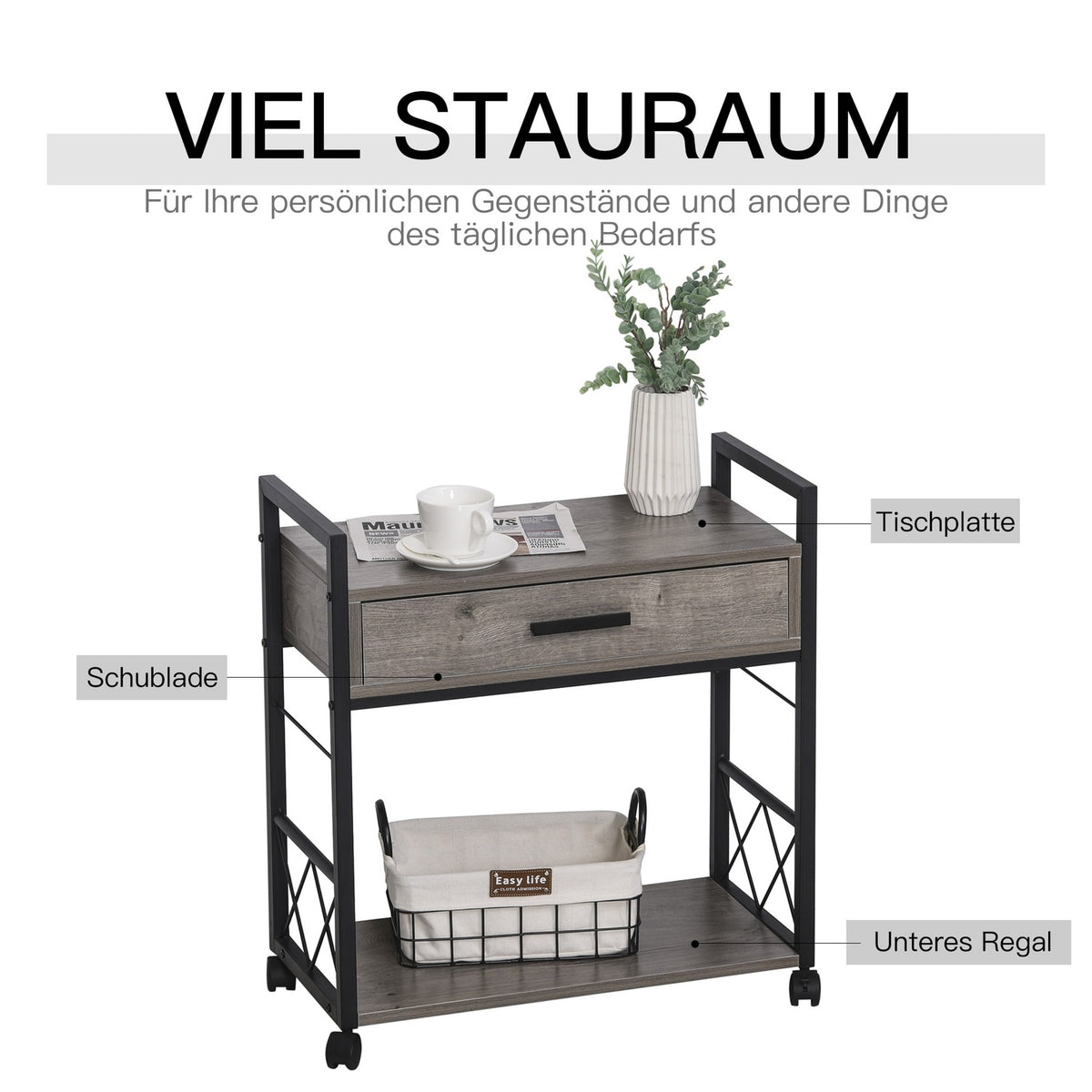 Side Table Serving Trolley With Wheels, Kitchen Trolley, Coffee Table, Drawer, Shelf, Gray, 60X30X65Cm