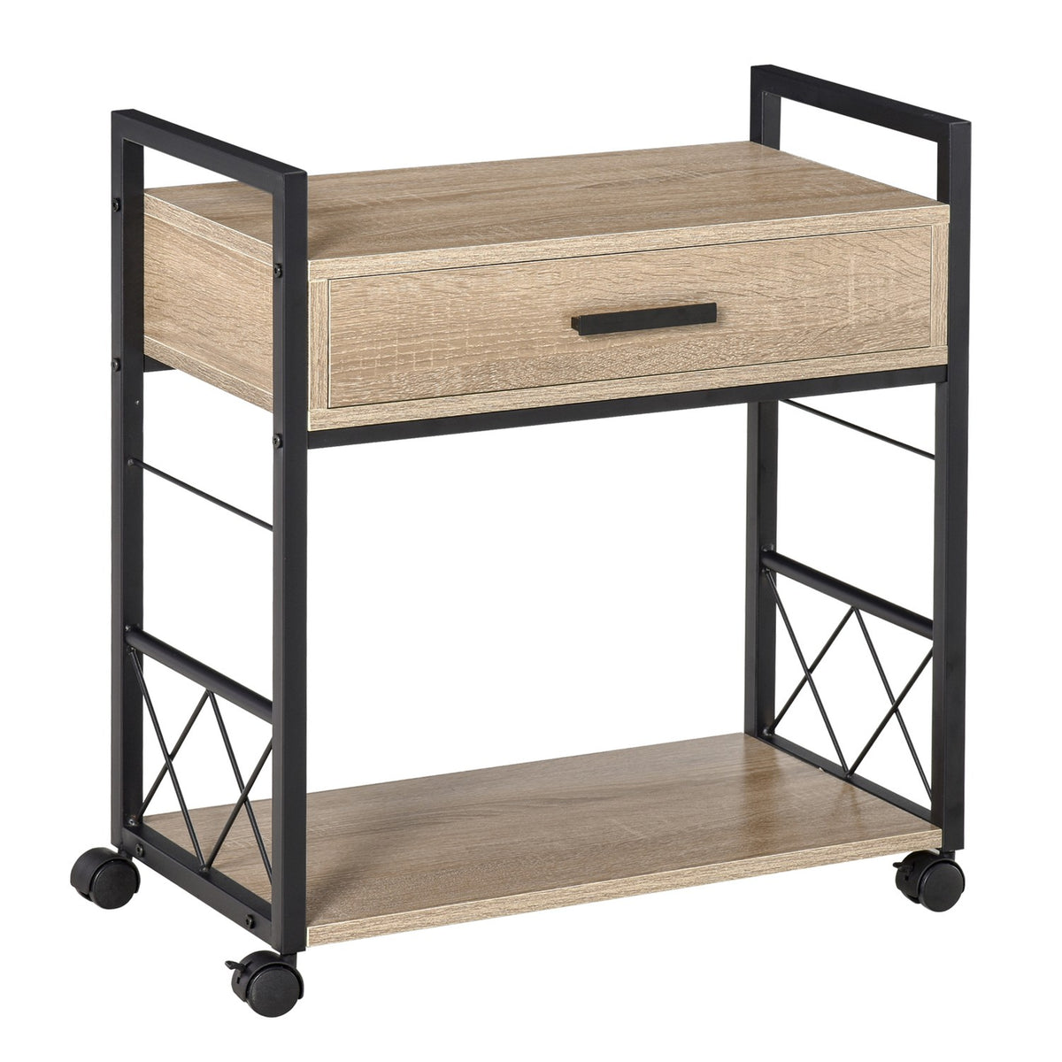 Side Table Serving Trolley With Wheels, Kitchen Trolley, Coffee Table, Drawer, Shelf, Natural, 60X30X65Cm