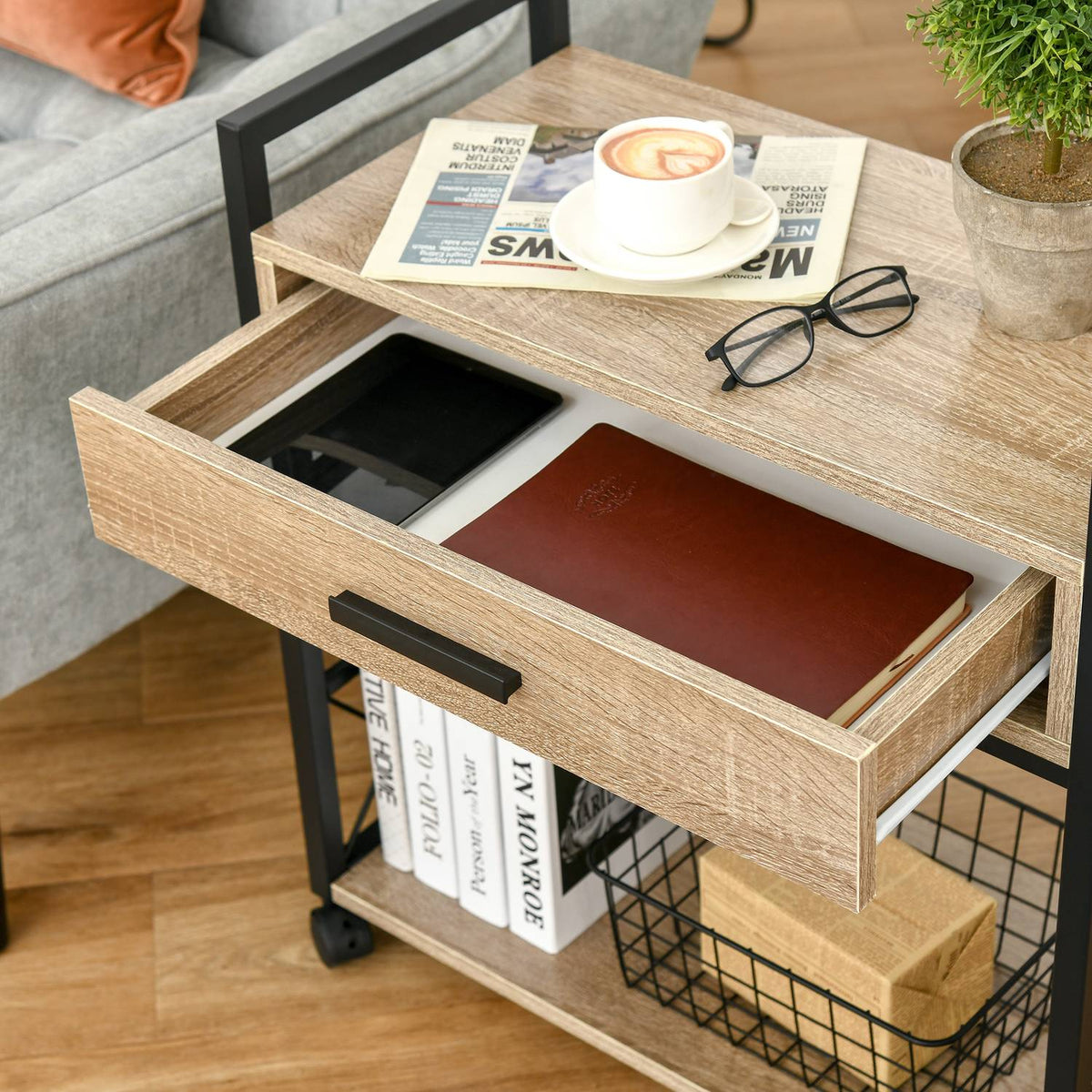Side Table Serving Trolley With Wheels, Kitchen Trolley, Coffee Table, Drawer, Shelf, Natural, 60X30X65Cm
