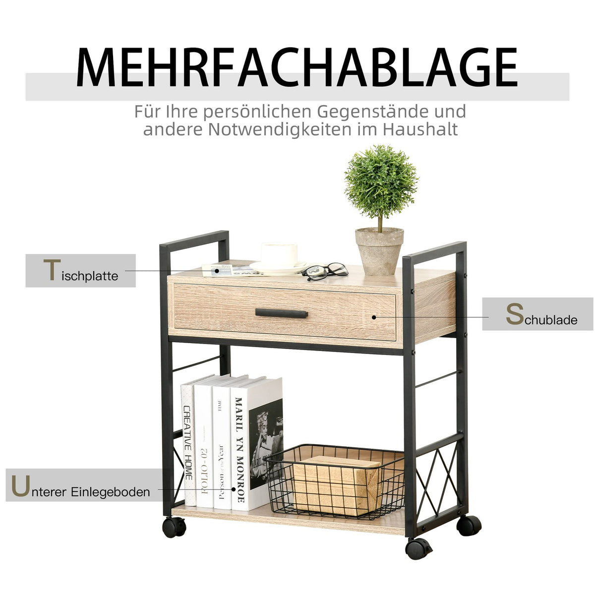 Side Table Serving Trolley With Wheels, Kitchen Trolley, Coffee Table, Drawer, Shelf, Natural, 60X30X65Cm