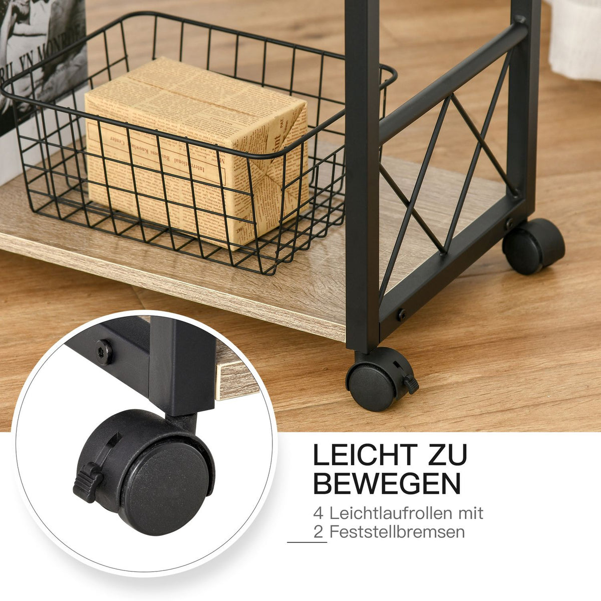 Side Table Serving Trolley With Wheels, Kitchen Trolley, Coffee Table, Drawer, Shelf, Natural, 60X30X65Cm