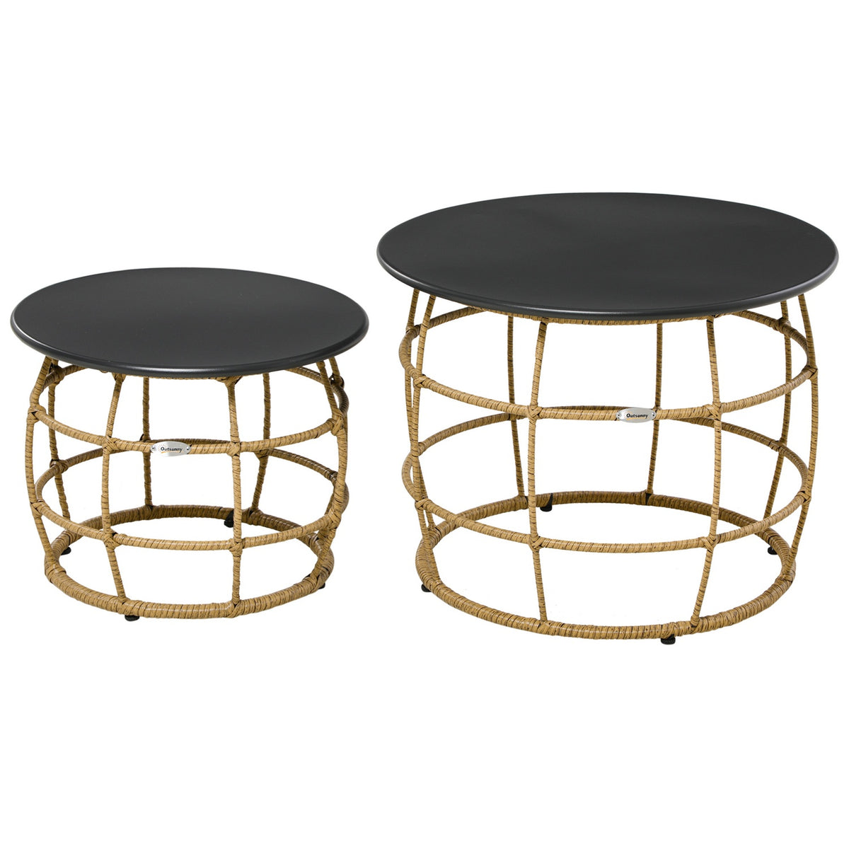 Side Table, Sofa Table, Coffee Table, Set Of 2, Hand-Woven With Table Top For Garden, Balcony, Ø46+Ø60 Cm, Sand