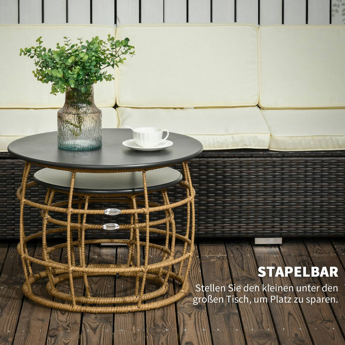 Side Table, Sofa Table, Coffee Table, Set Of 2, Hand-Woven With Table Top For Garden, Balcony, Ø46+Ø60 Cm, Sand