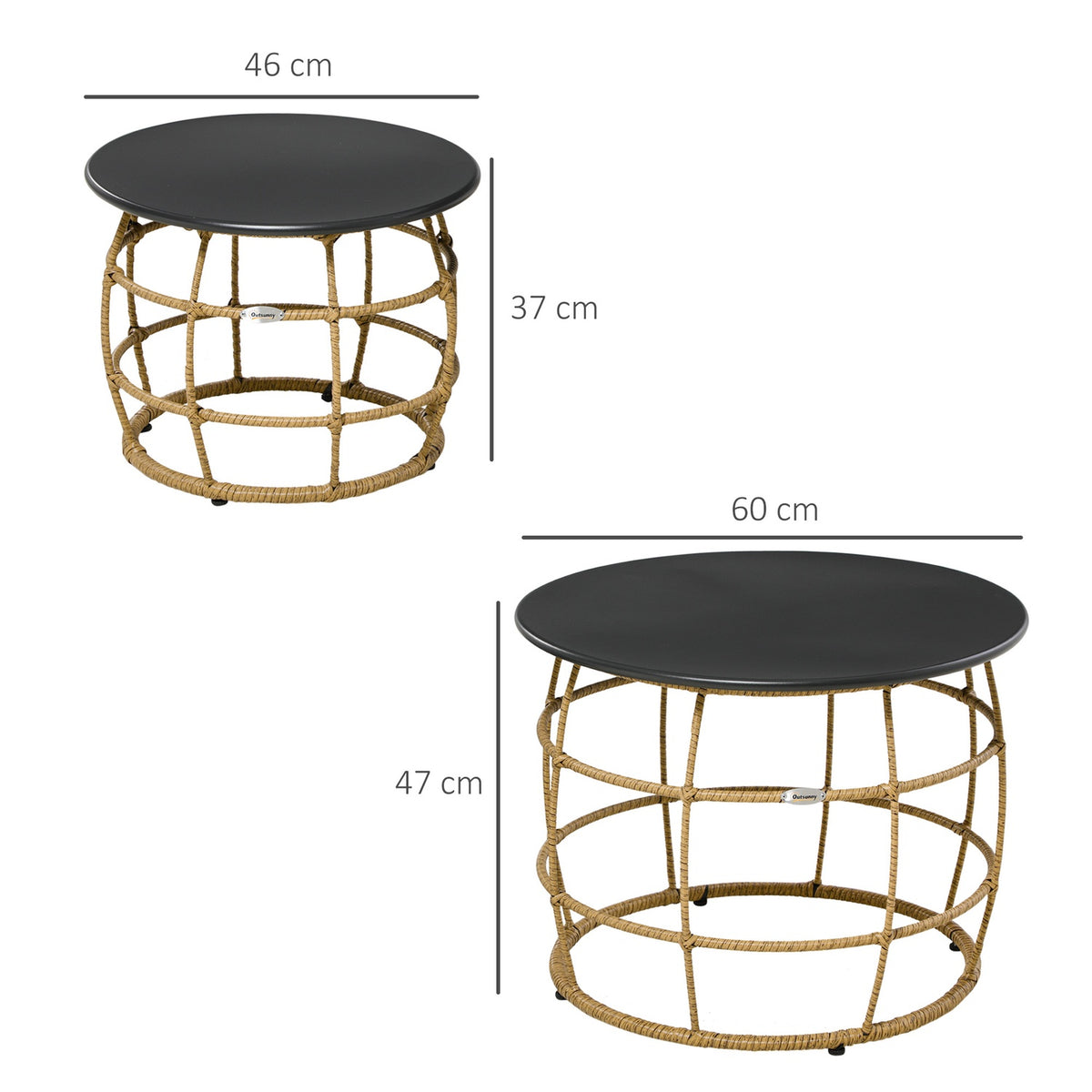 Side Table, Sofa Table, Coffee Table, Set Of 2, Hand-Woven With Table Top For Garden, Balcony, Ø46+Ø60 Cm, Sand