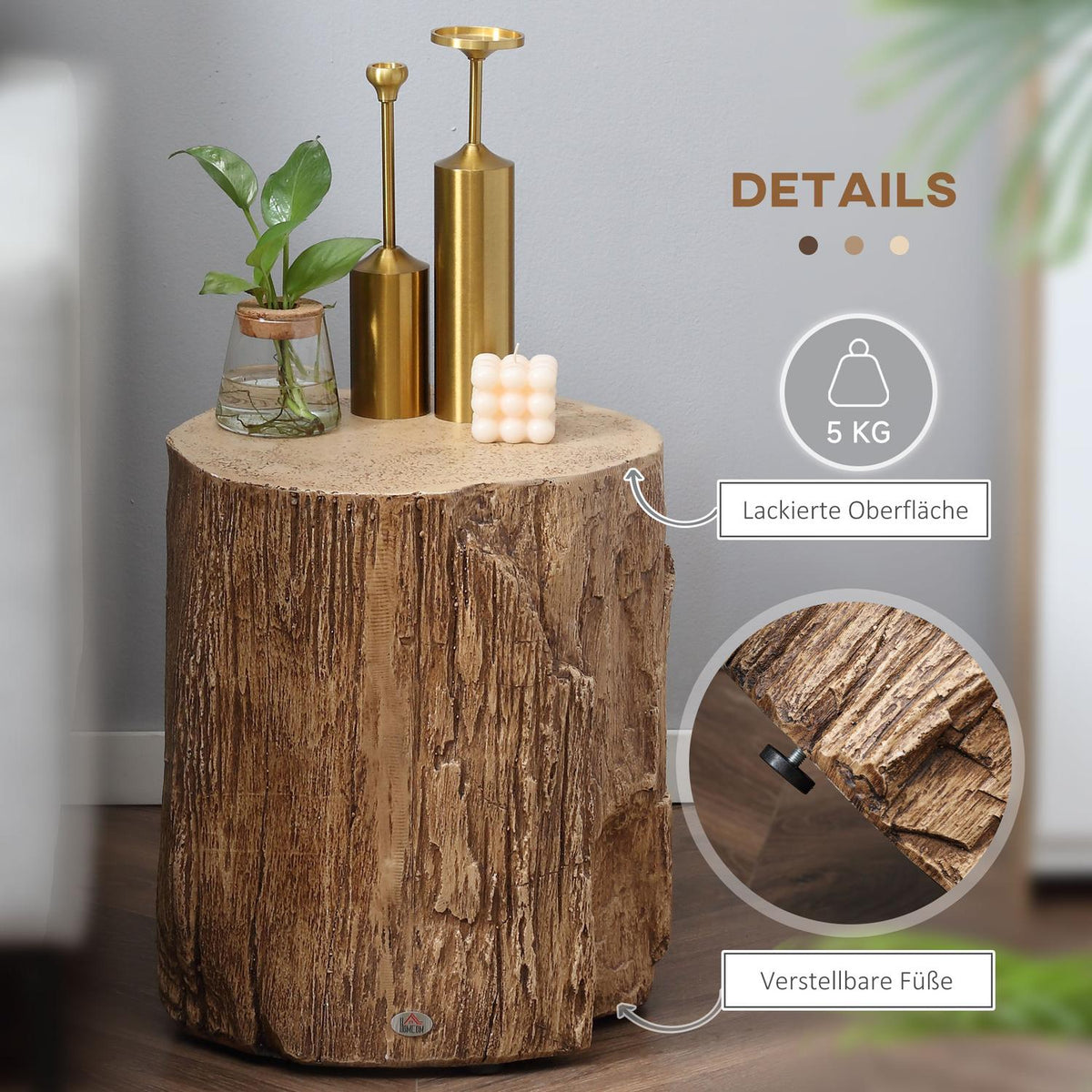 Side Table Tree Stump Look Bedside Table With Four Adjustable Feet Coffee Table Stool Waterproof Inorganic Ore Powder 37X37X43 Cm
