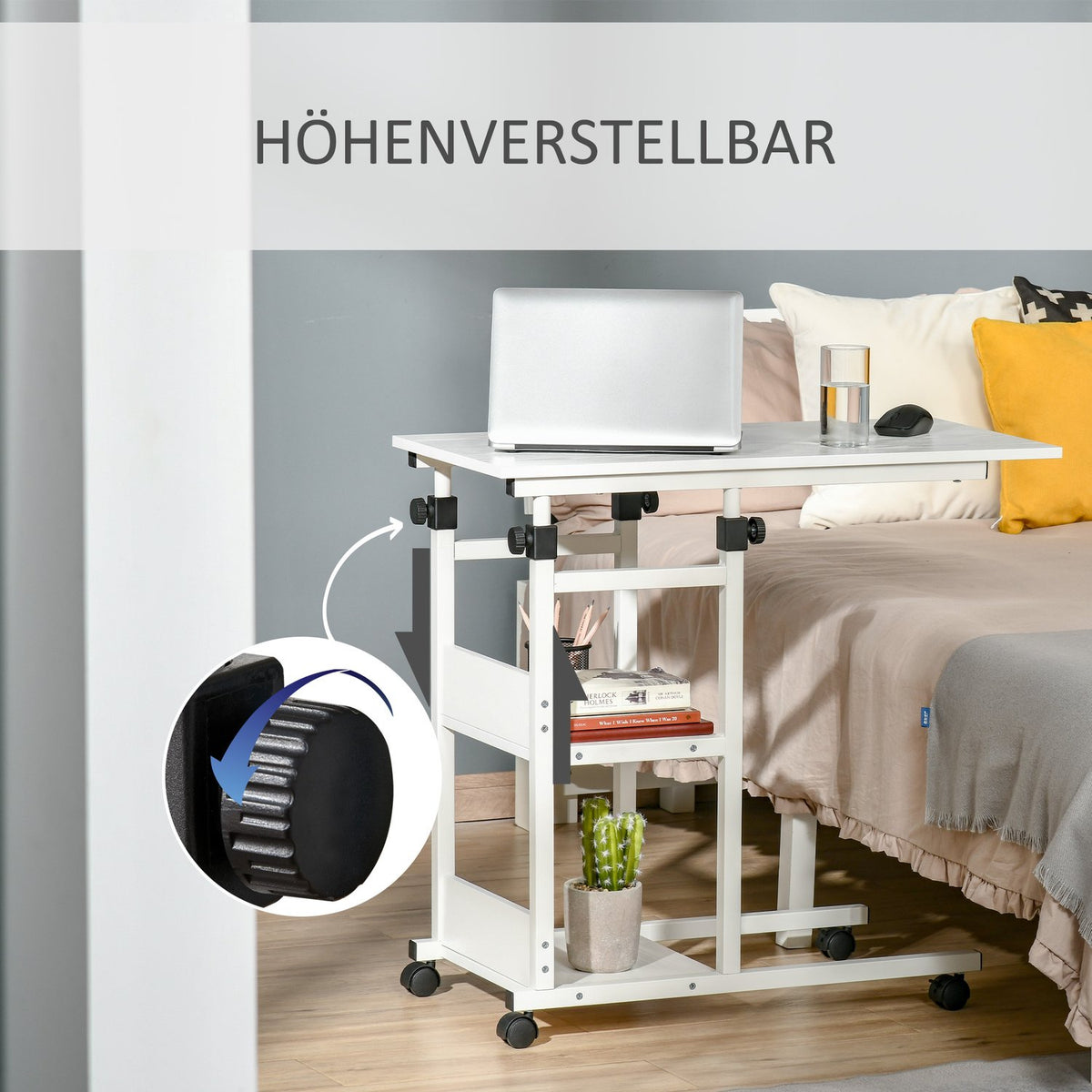 Side Table With Wheels, Height-Adjustable Coffee Table, 2 Shelves, E1 Chipboard, White, 80X40X72-82 Cm