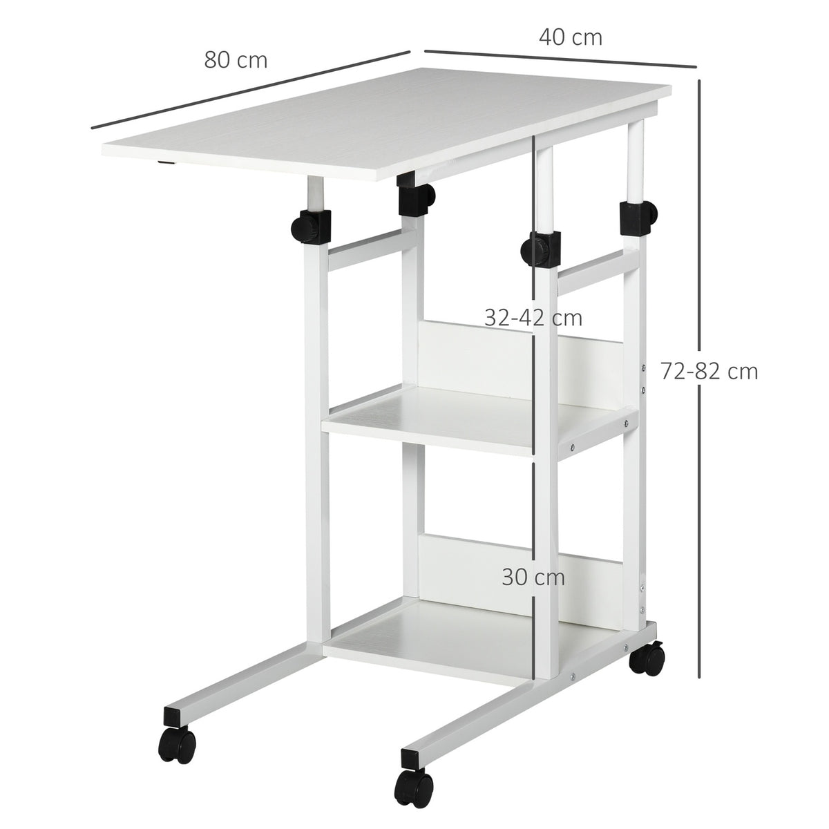 Side Table With Wheels, Height-Adjustable Coffee Table, 2 Shelves, E1 Chipboard, White, 80X40X72-82 Cm