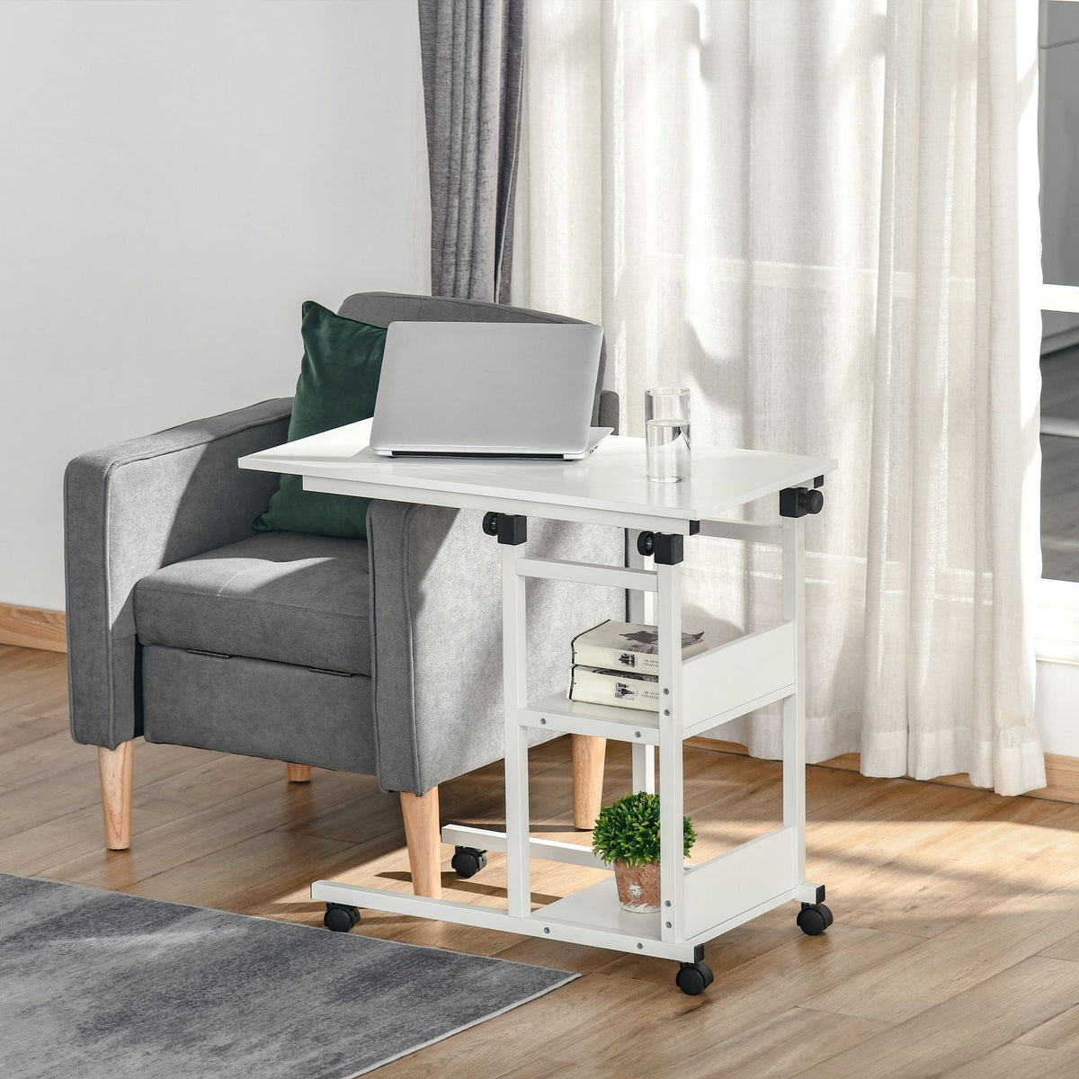 Side Table With Wheels, Height-Adjustable Coffee Table, 2 Shelves, E1 Chipboard, White, 80X40X72-82 Cm