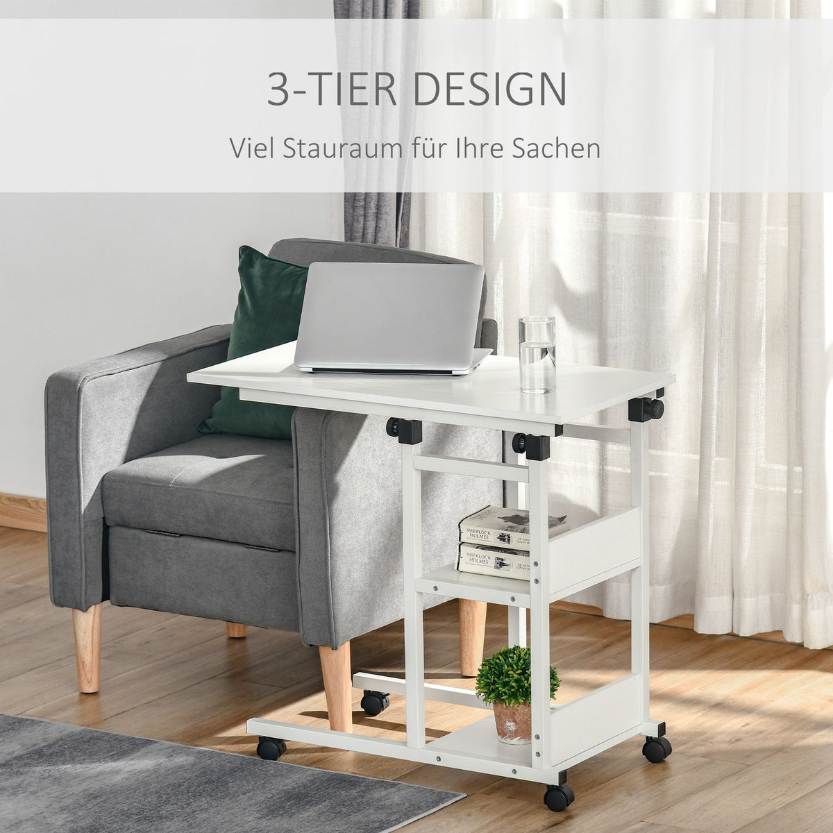 Side Table With Wheels, Height-Adjustable Coffee Table, 2 Shelves, E1 Chipboard, White, 80X40X72-82 Cm
