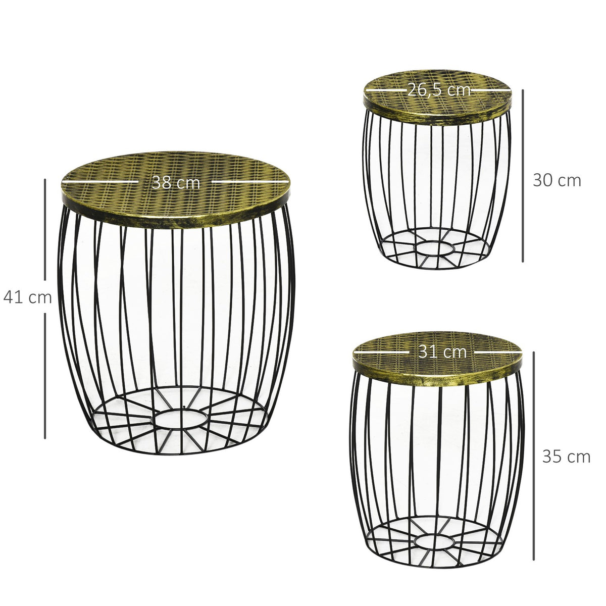 Side Tables Set Of 3 Retro Style Metal Basket Natural + Black 3 Sizes