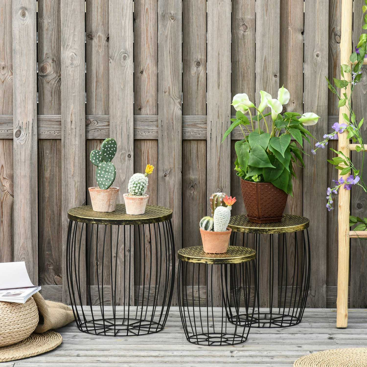 Side Tables Set Of 3 Retro Style Metal Basket Natural + Black 3 Sizes