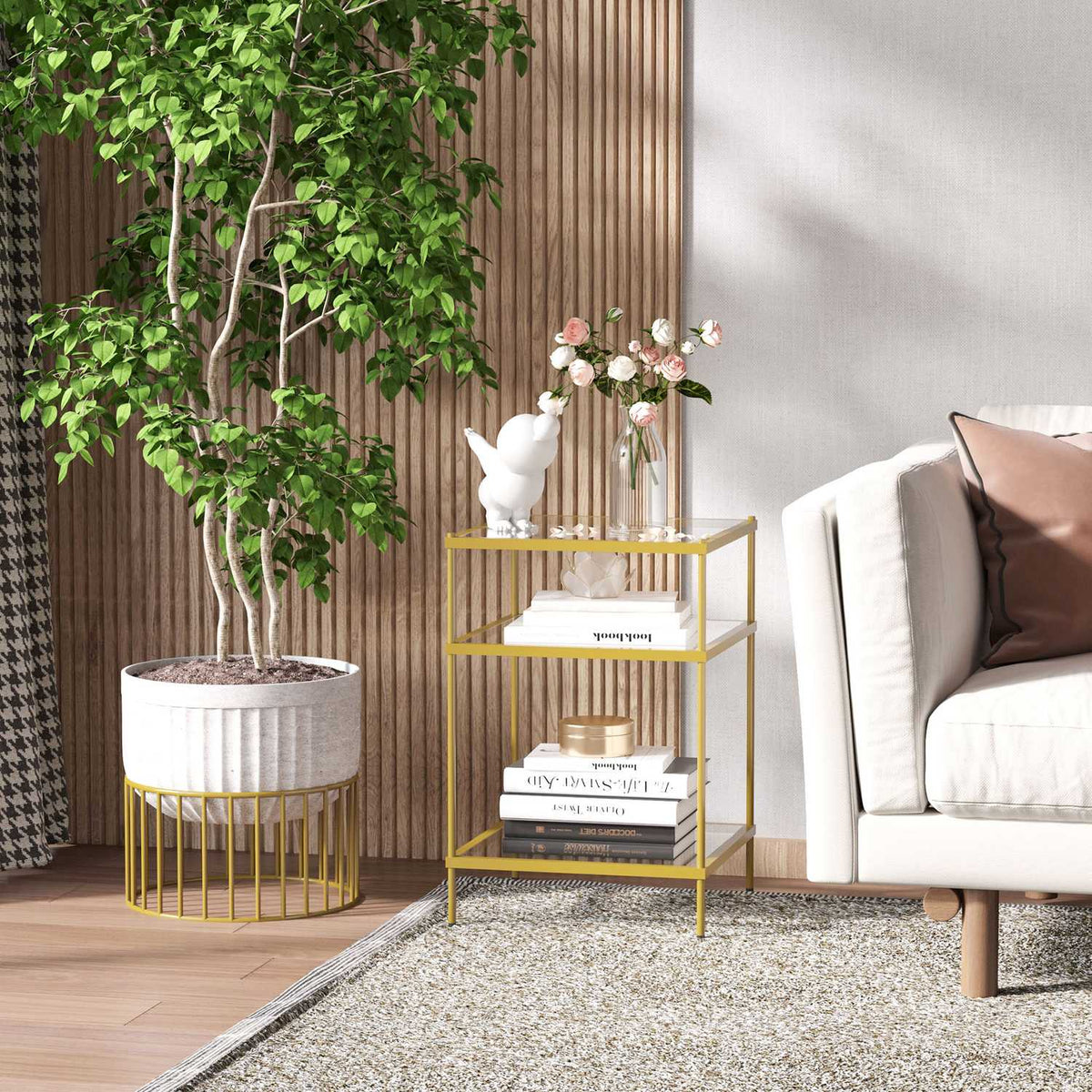 Side Table with 3 Glass Shelves Coffee Table Bedside Table with 3 Shelves with Steel Frame Indoor Outdoor Glass Gold 40 x 40 x 60 cm