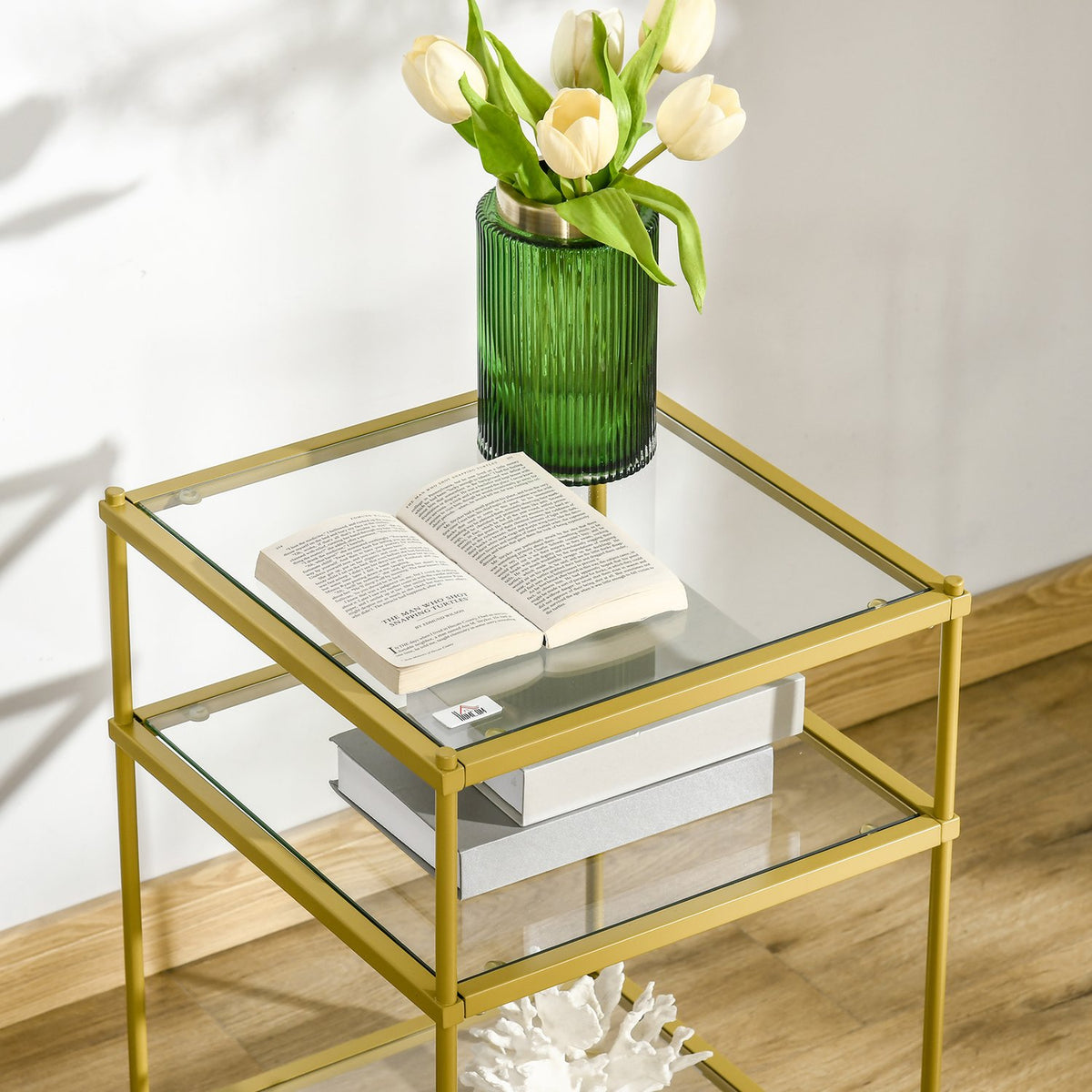 Side Table with 3 Glass Shelves Coffee Table Bedside Table with 3 Shelves with Steel Frame Indoor Outdoor Glass Gold 40 x 40 x 60 cm
