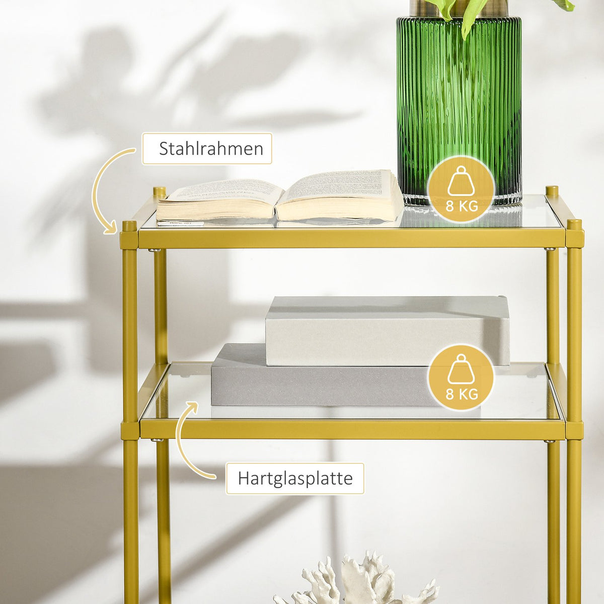 Side Table with 3 Glass Shelves Coffee Table Bedside Table with 3 Shelves with Steel Frame Indoor Outdoor Glass Gold 40 x 40 x 60 cm