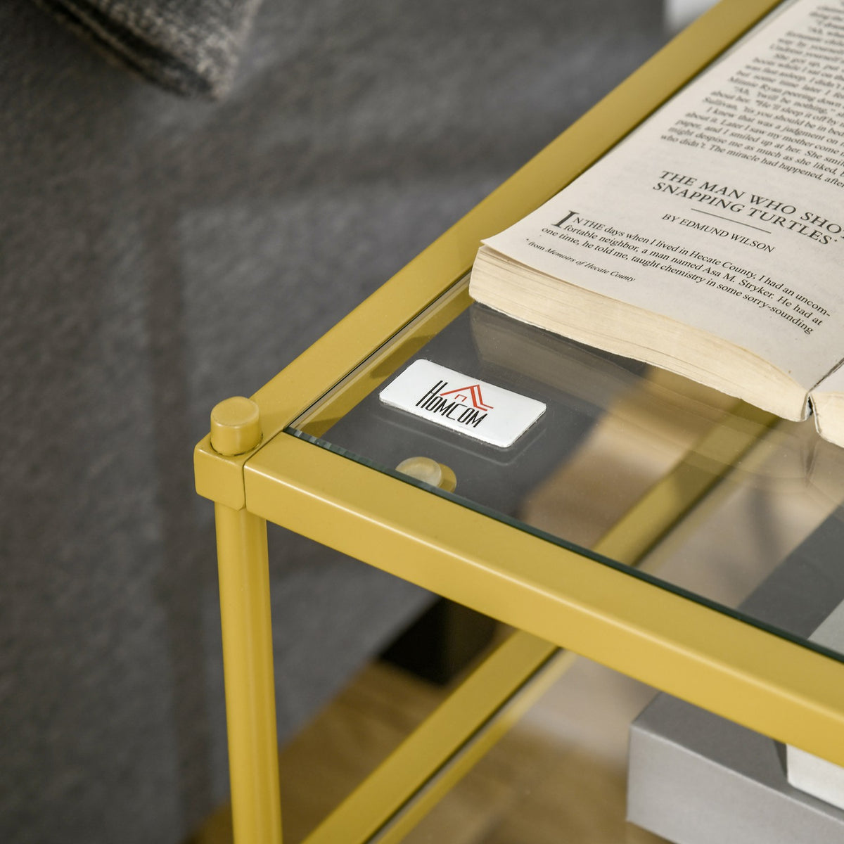 Side Table with 3 Glass Shelves Coffee Table Bedside Table with 3 Shelves with Steel Frame Indoor Outdoor Glass Gold 40 x 40 x 60 cm