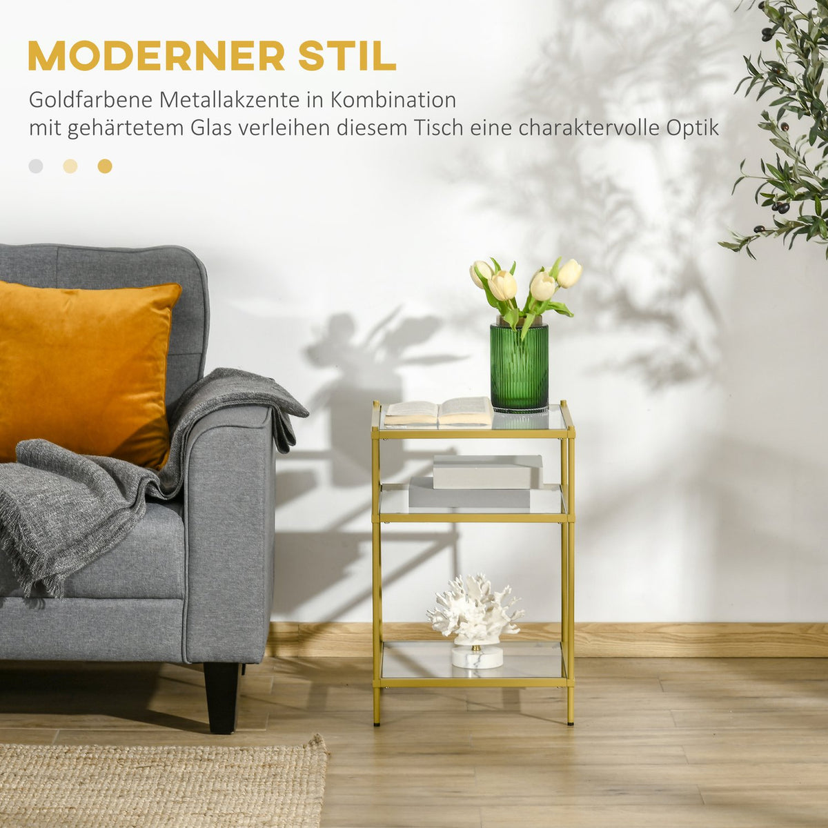 Side Table with 3 Glass Shelves Coffee Table Bedside Table with 3 Shelves with Steel Frame Indoor Outdoor Glass Gold 40 x 40 x 60 cm