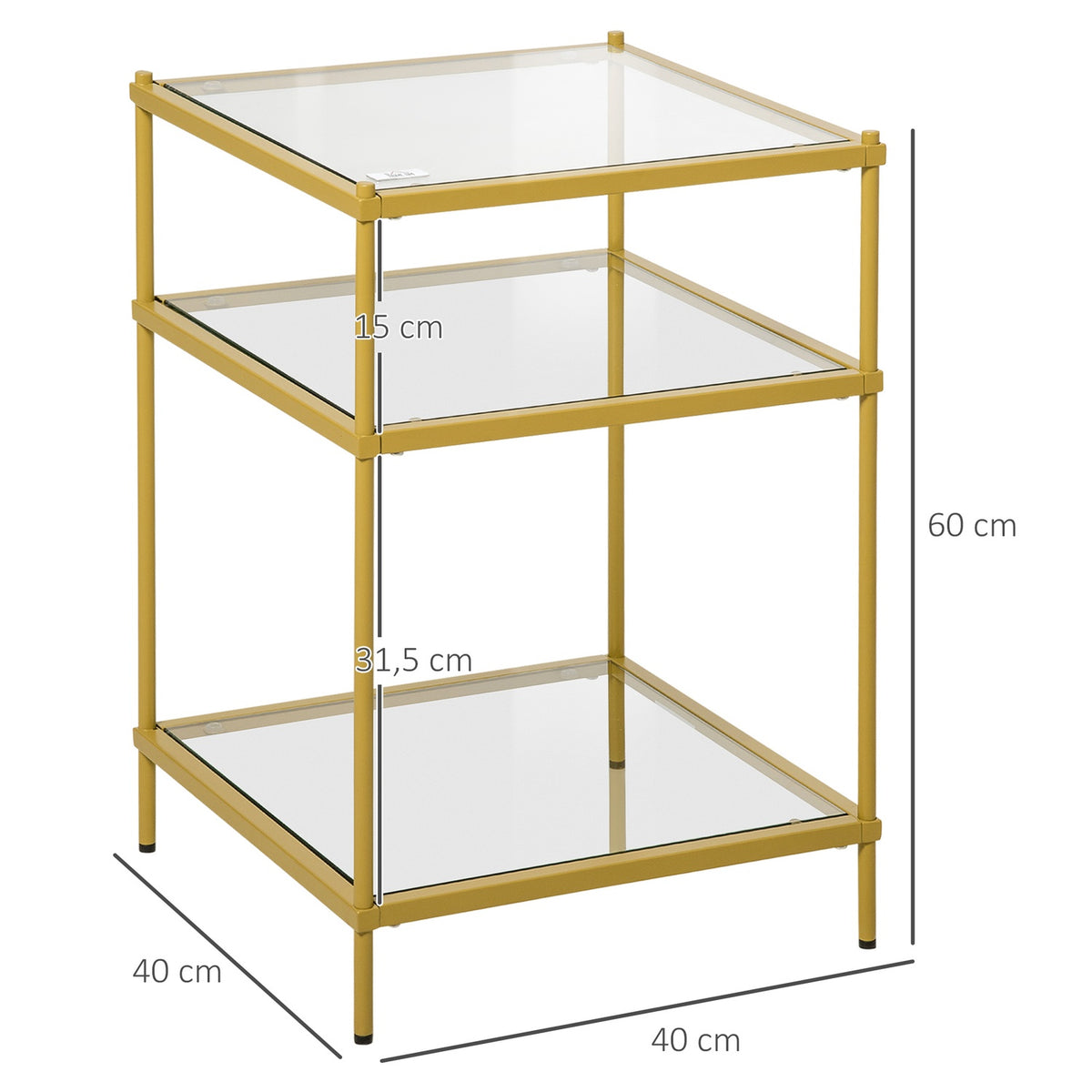 Side Table with 3 Glass Shelves Coffee Table Bedside Table with 3 Shelves with Steel Frame Indoor Outdoor Glass Gold 40 x 40 x 60 cm