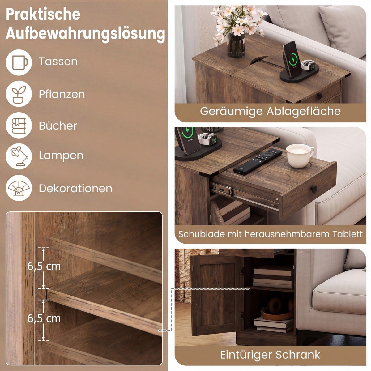 Side Table with Charging Station and Adjustable Shelf