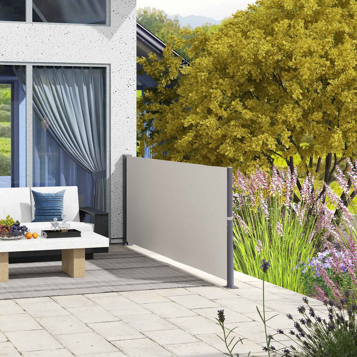 Side awning extendable 300x100cm garden awning privacy wall with UV protection wind protection made of polyester in light gray