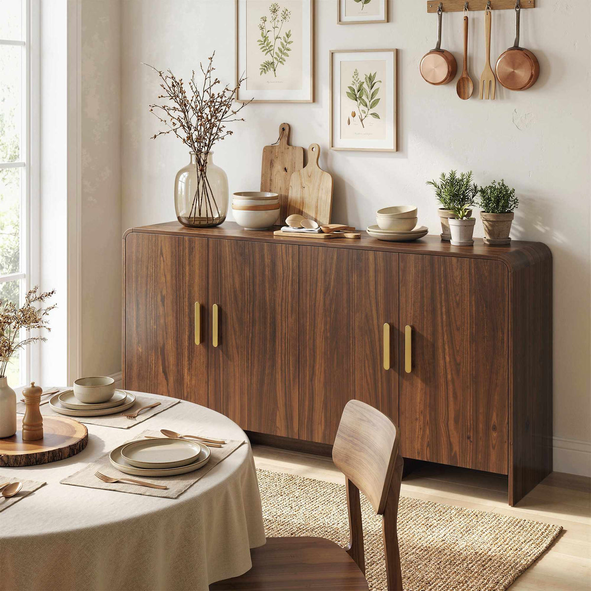 Sideboard Buffet 152 cm, Soft-Close Doors, Walnut Finish
