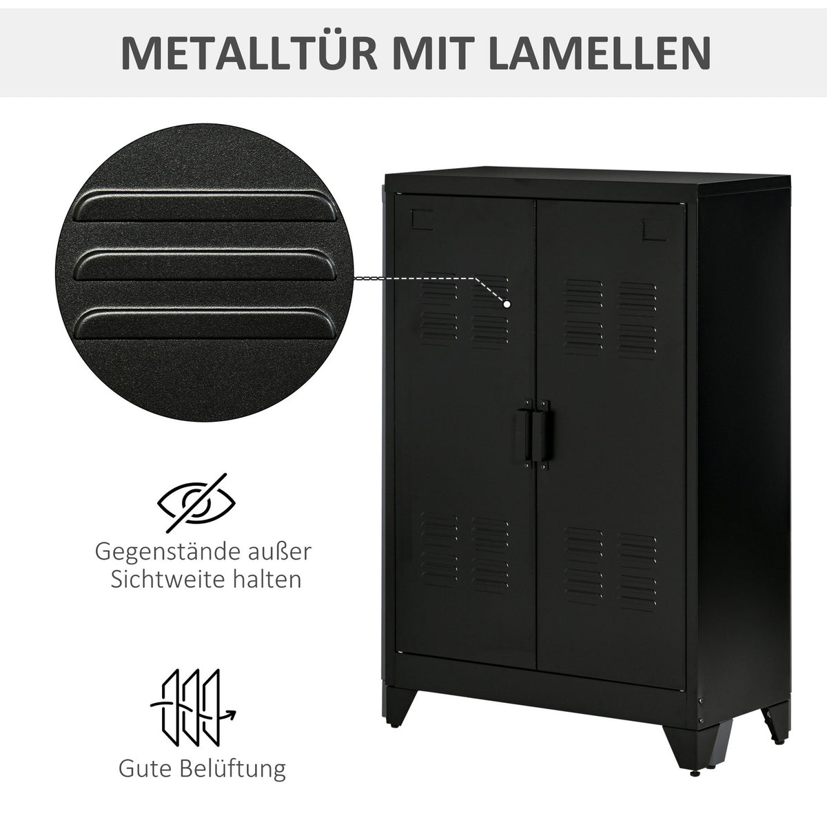 Sideboard Filing Cabinet With Slatted Doors, Storage Cabinet With Shelves, Black, 75 X 33 X 110 Cm