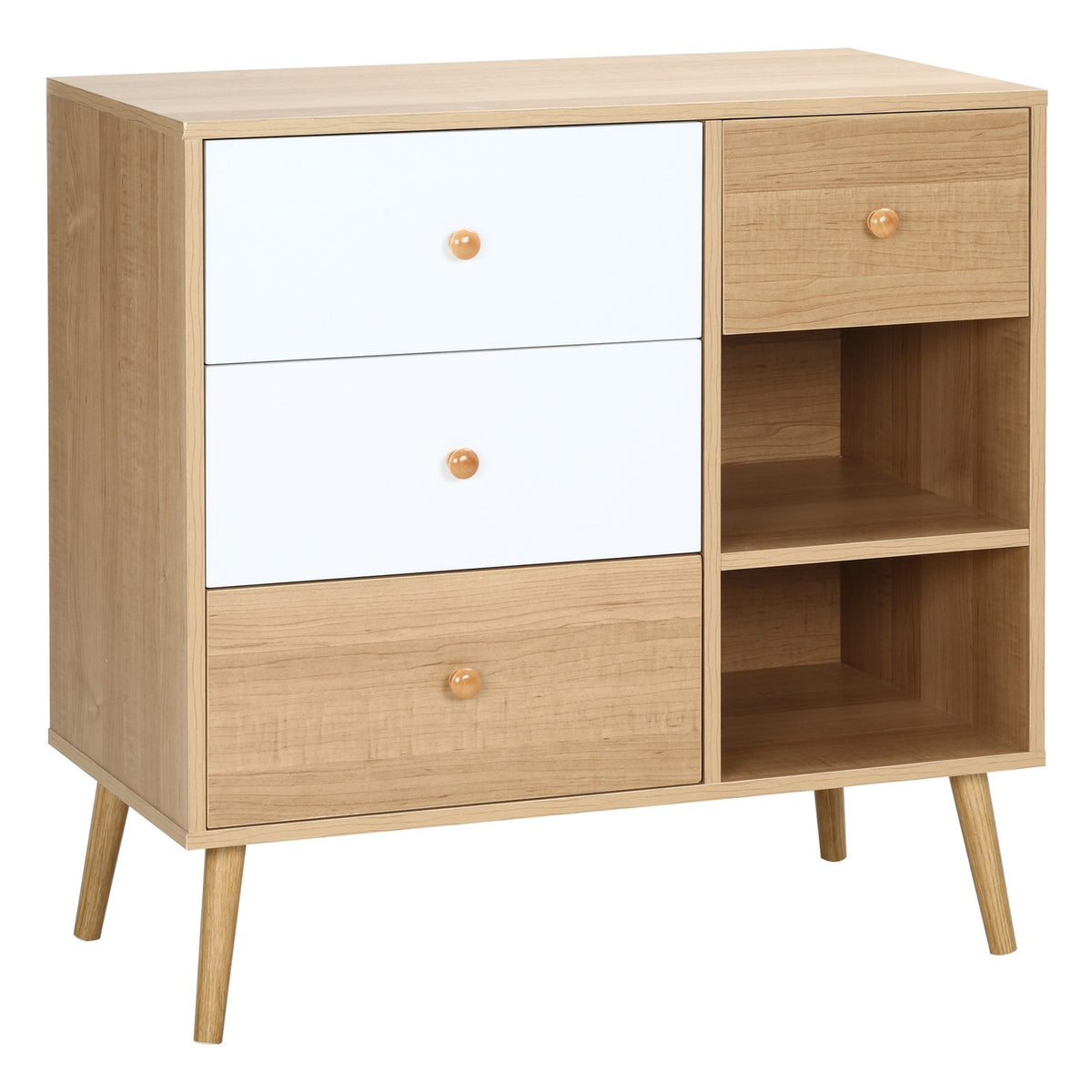 Sideboard For Kitchen Cabinet, Chest Of Drawers With 2 Open Compartments & 4 Drawers, Scandi Design, Natural + White, 80X39X80Cm