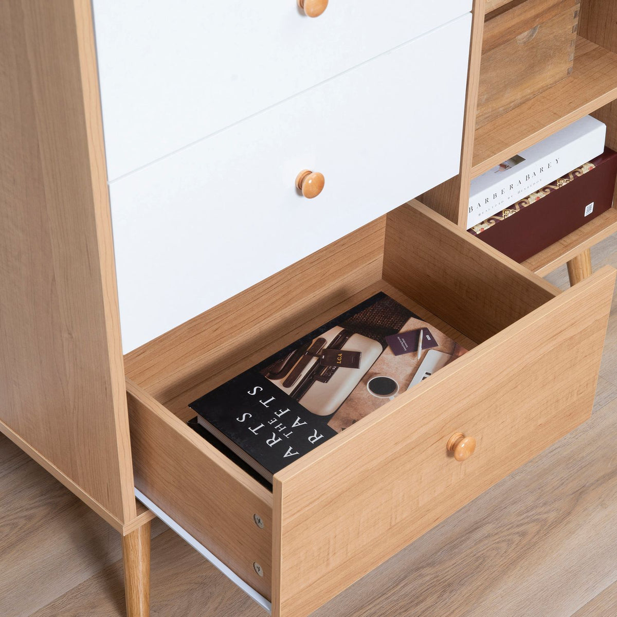 Sideboard For Kitchen Cabinet, Chest Of Drawers With 2 Open Compartments & 4 Drawers, Scandi Design, Natural + White, 80X39X80Cm
