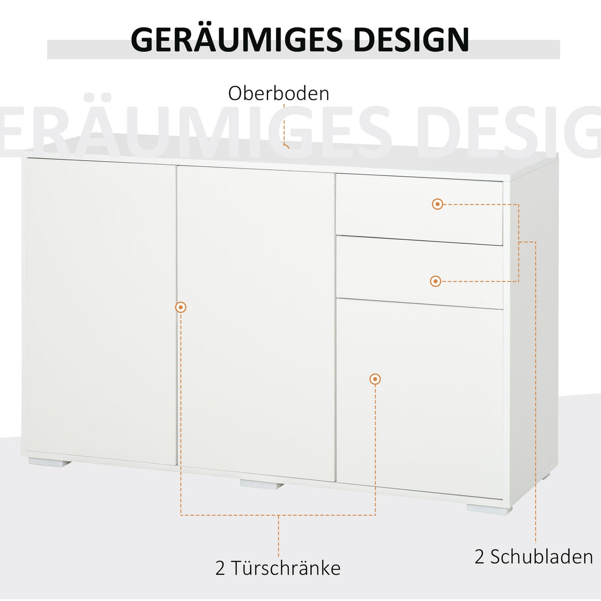 Sideboard White Chest Of Drawers With 2 Drawers & 3 Doors, Multi-Purpose Cabinet, Filing Cabinet, 117X36X74Cm