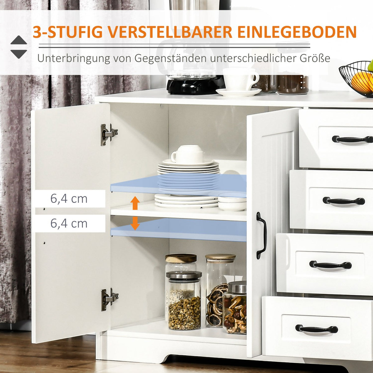 Sideboard White Side Cabinet With 4 Drawers, Adjustable Shelf And Tilt Protection, For Kitchen And Living Room
