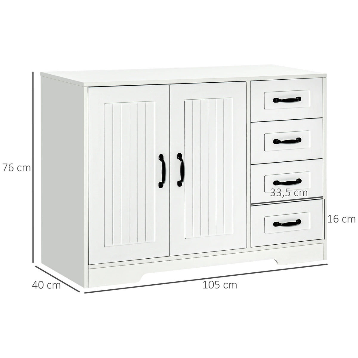 Sideboard White Side Cabinet With 4 Drawers, Adjustable Shelf And Tilt Protection, For Kitchen And Living Room